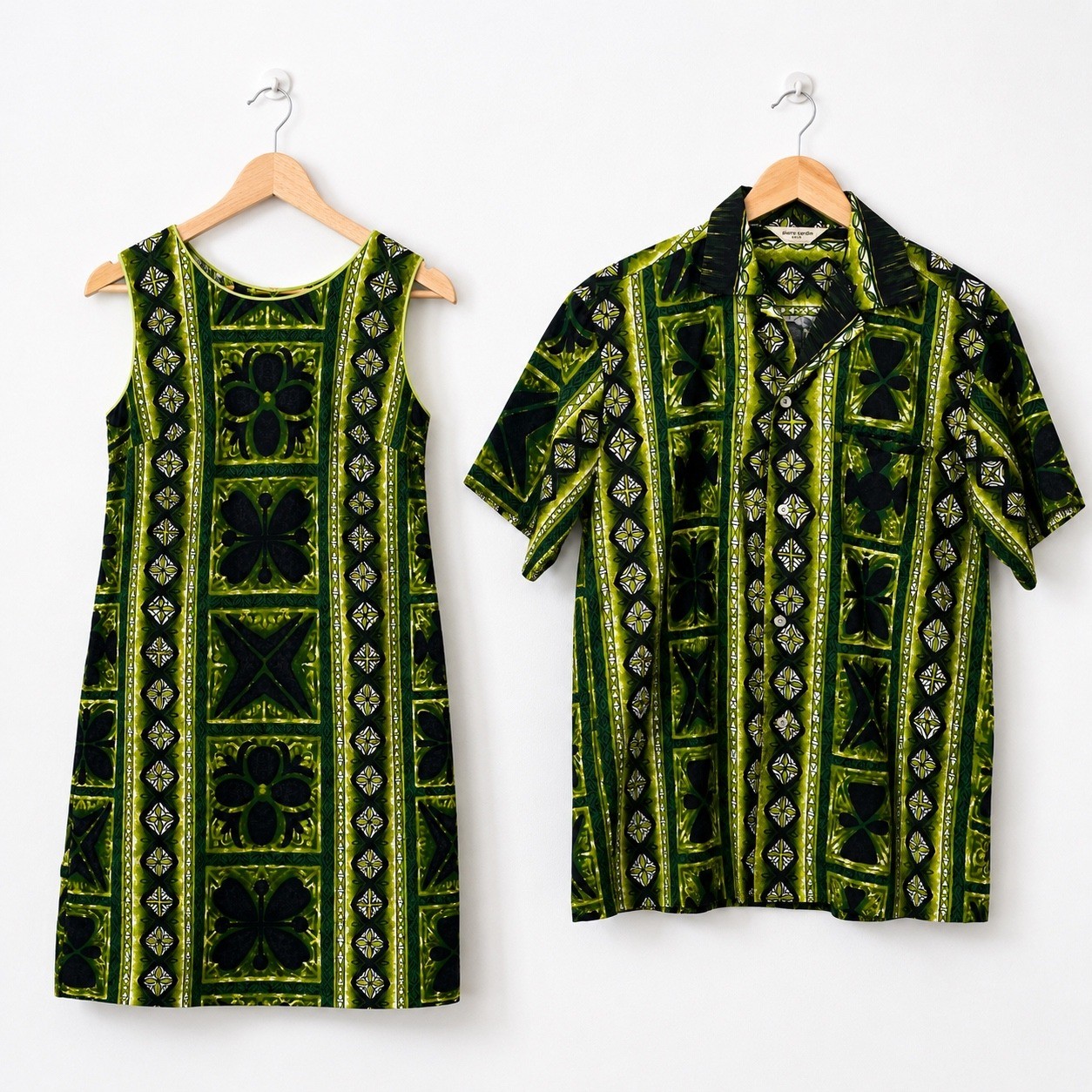 Vintage 60s 70s Hawaiian Honeymoon Set Green Tropical Aloha Barkcloth Matching