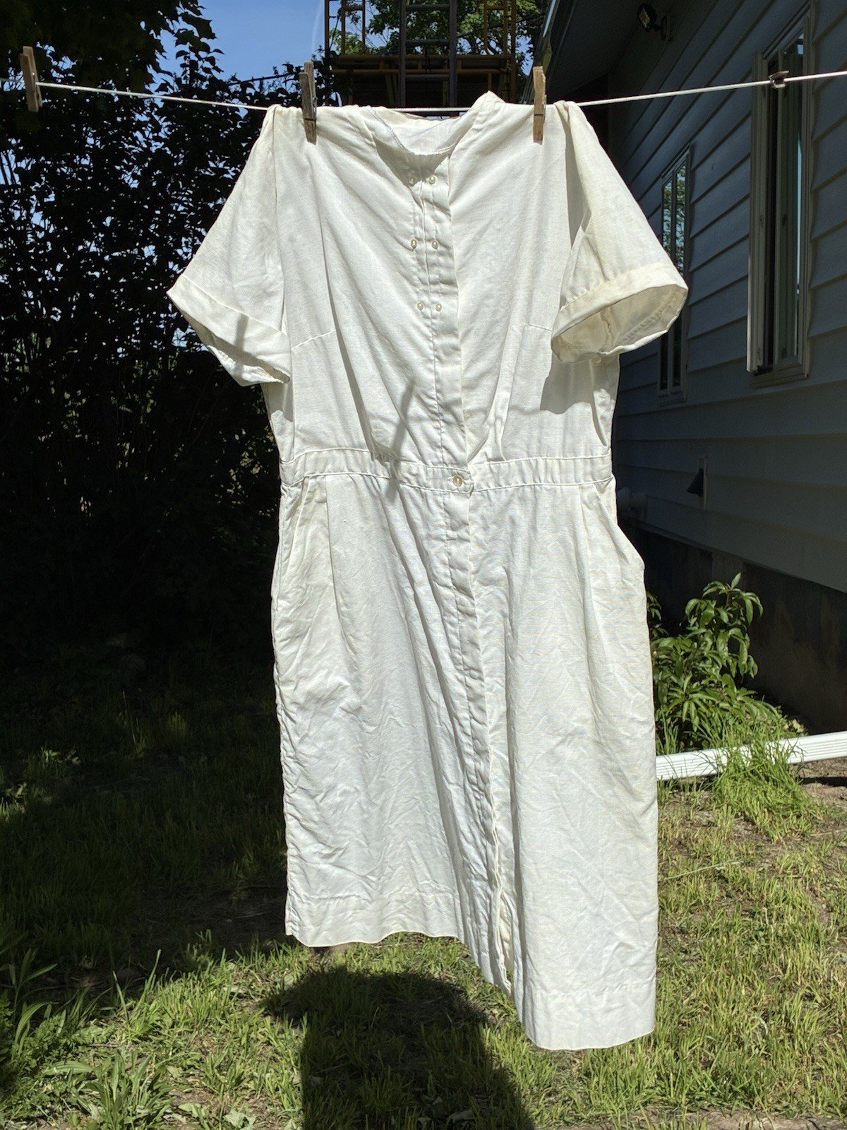 Vintage 40s 50s Nurses Uniform White Button Button Down Dress Pockets Sanforized