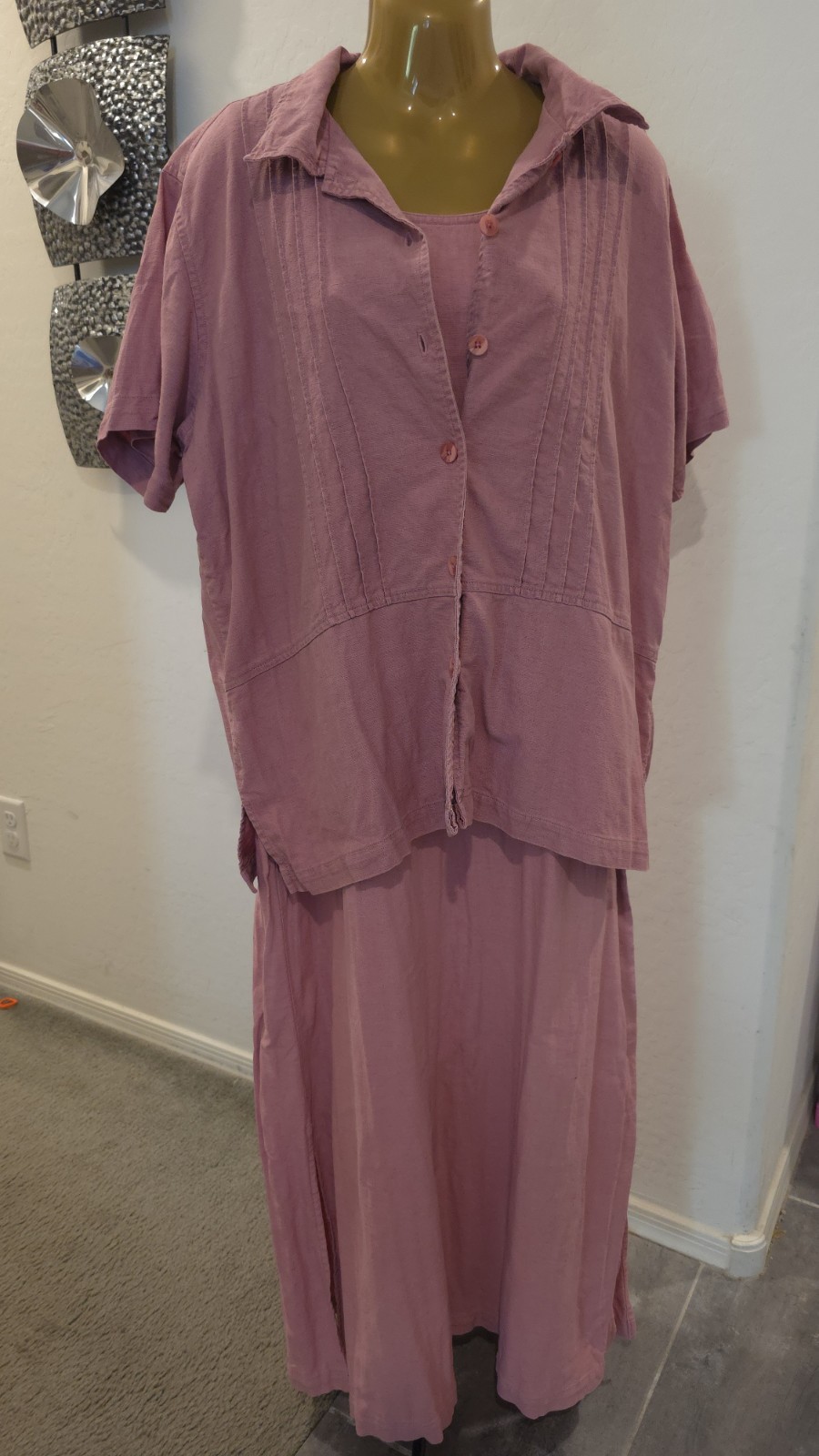 Vintage Erika Collection Pink Two-Piece Dress Set Sz L Pockets Embroidered