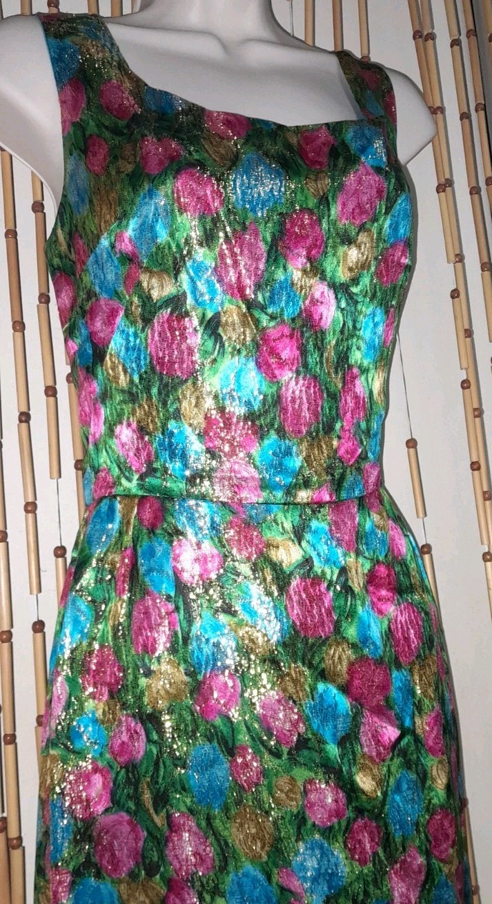 Vtg 60s Multi Floral Jacquard Brocade Lurex Metallic Floor Cocktail Dress Gown M