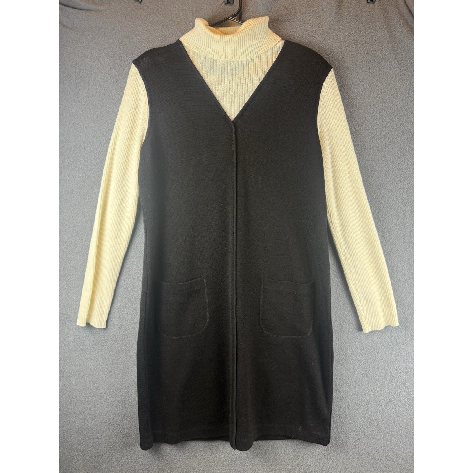 Vtg 1990s Jones New York Sz Med Turtle-Neck Sweater Vest Dress Merino Wool