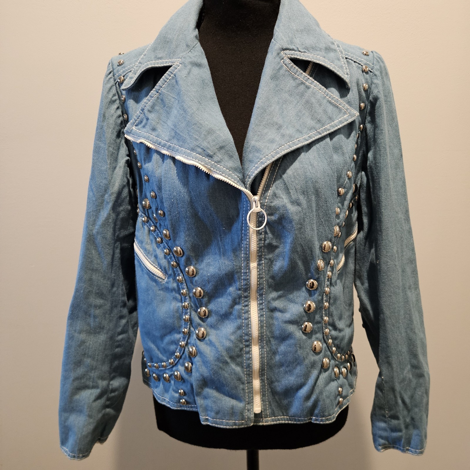 VTG 1970&rsquo;s Roncelli Style Gina Teresa Studded Denim biker Moto jacket Size 16