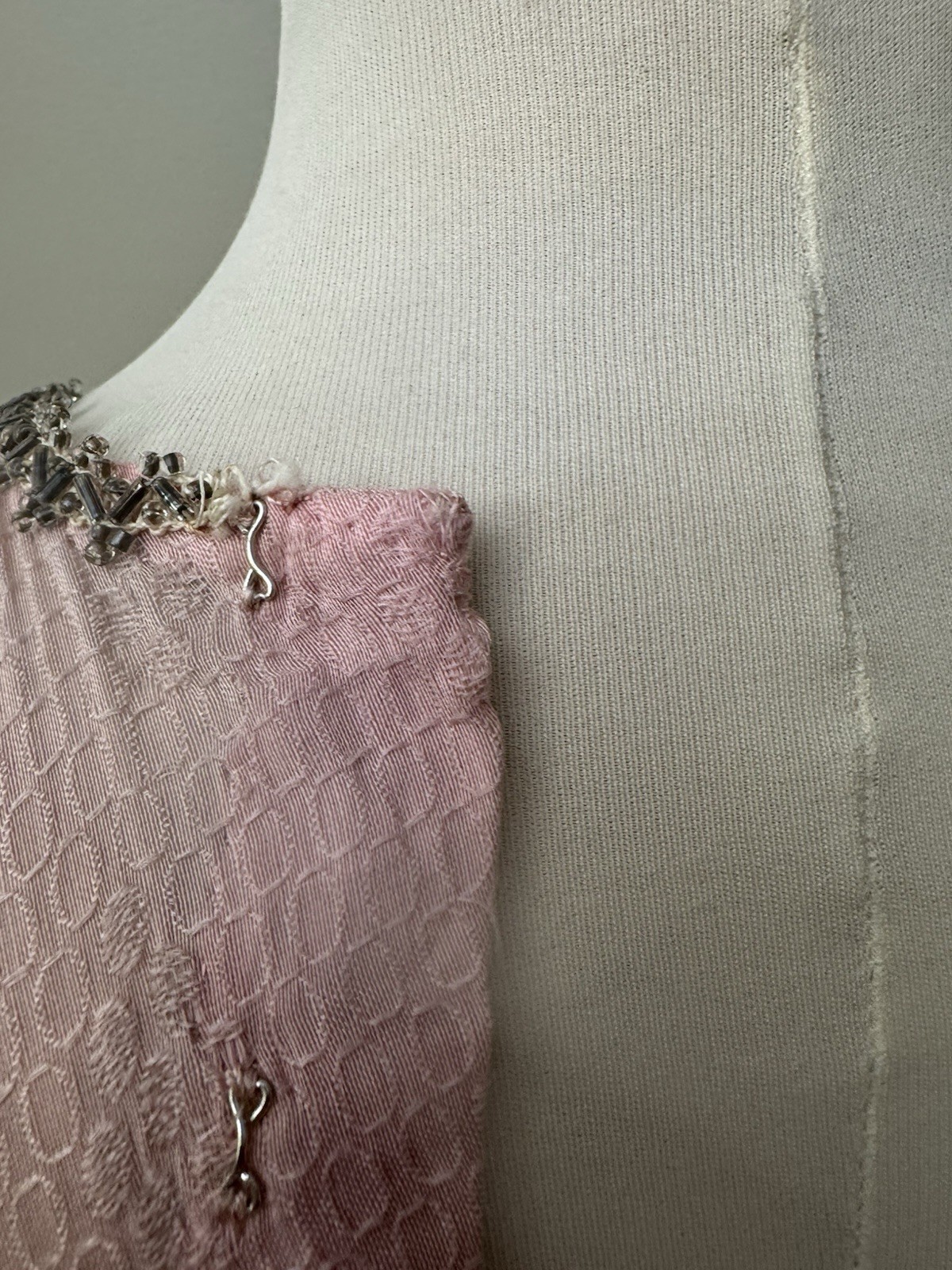 Vintage 1920s Pink Silk Jacquard Flapper Dress Soutache Bugle Bead Fringe Deco