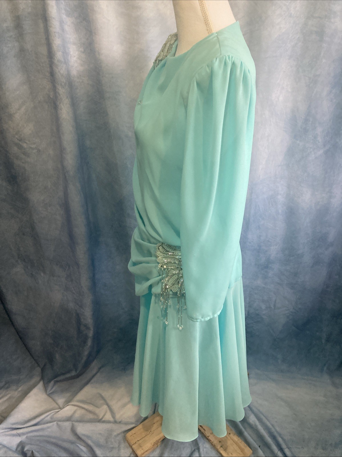 VTG 80s Abby Kent Aqua Mint Beaded Draped Cocktail Dress Ruched Fit Modern Small