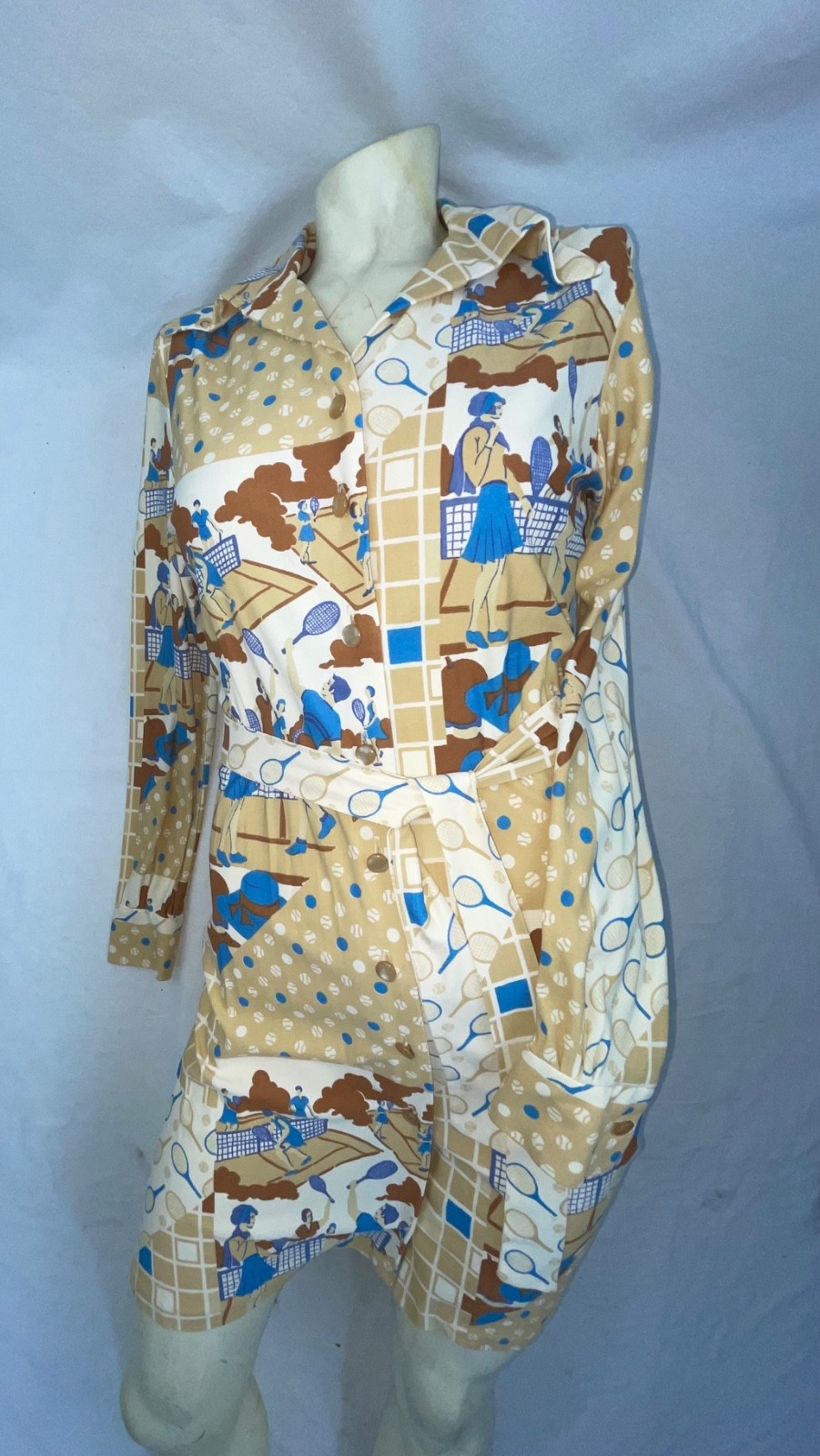 VTG 60S 70S WOMENS S TENNIS ALL OVER PRINT DISCO RETRO FUN CUTE DRESS