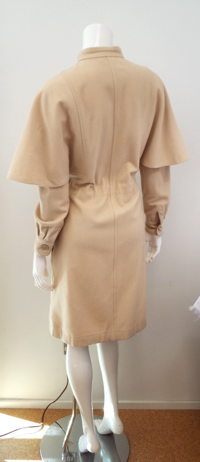 VTG 1970s KENZO JAP Beige Wool Coat Dress Size 8 Cape Pockets Sakowitz Houston