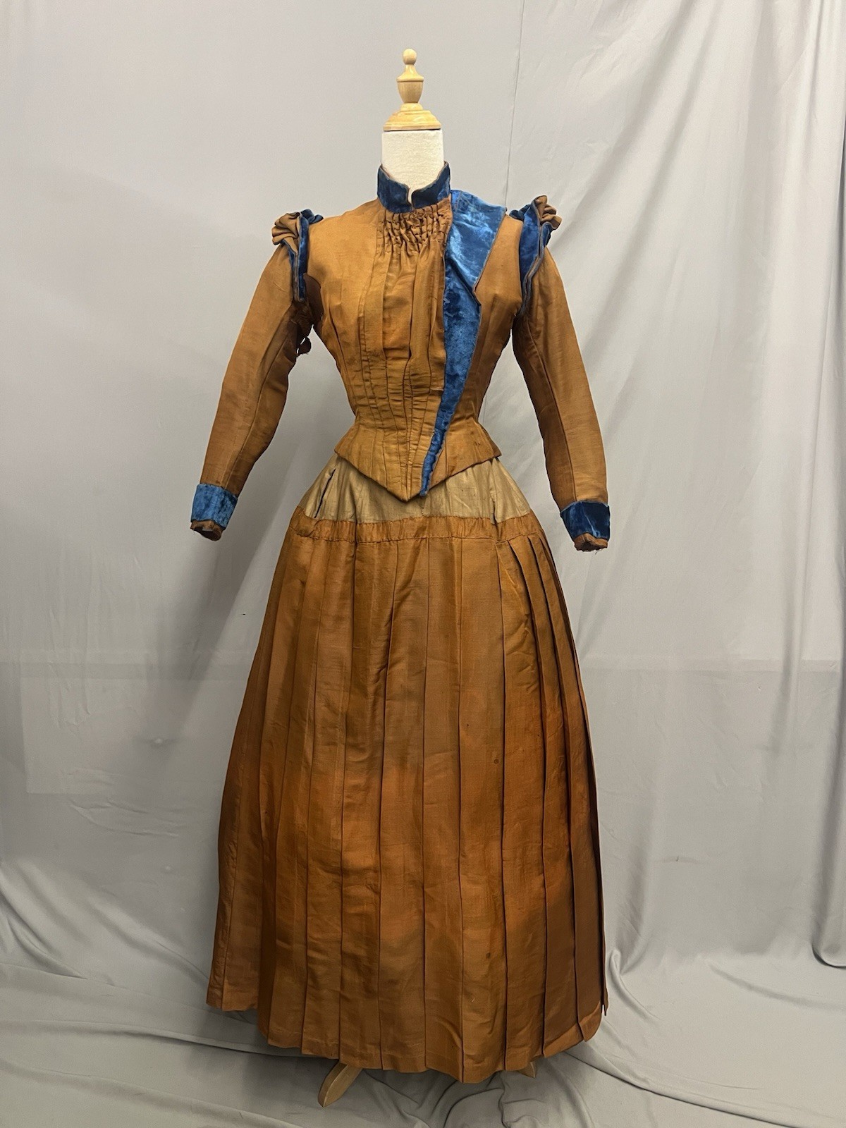 1870’s Copper Silk & Turquoise Velvet Bustle Day Dress