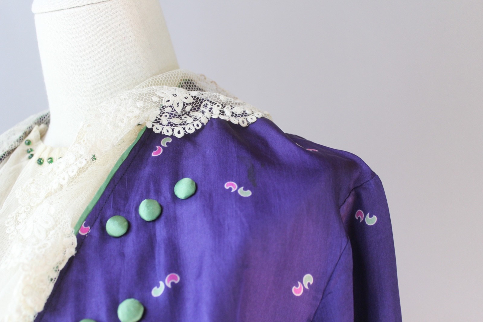 Antique 1910s Edwardian Purple Printed Silk Embroidered Dress Stunning! EX COND!