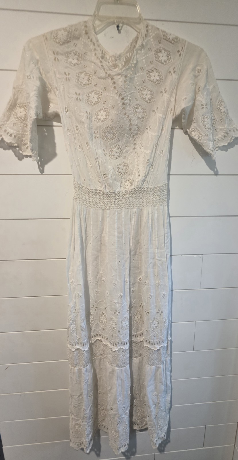 Antique Edwardian White Cotton Lawn Gown Embroidered Eyelet Lace Tea Dress XS