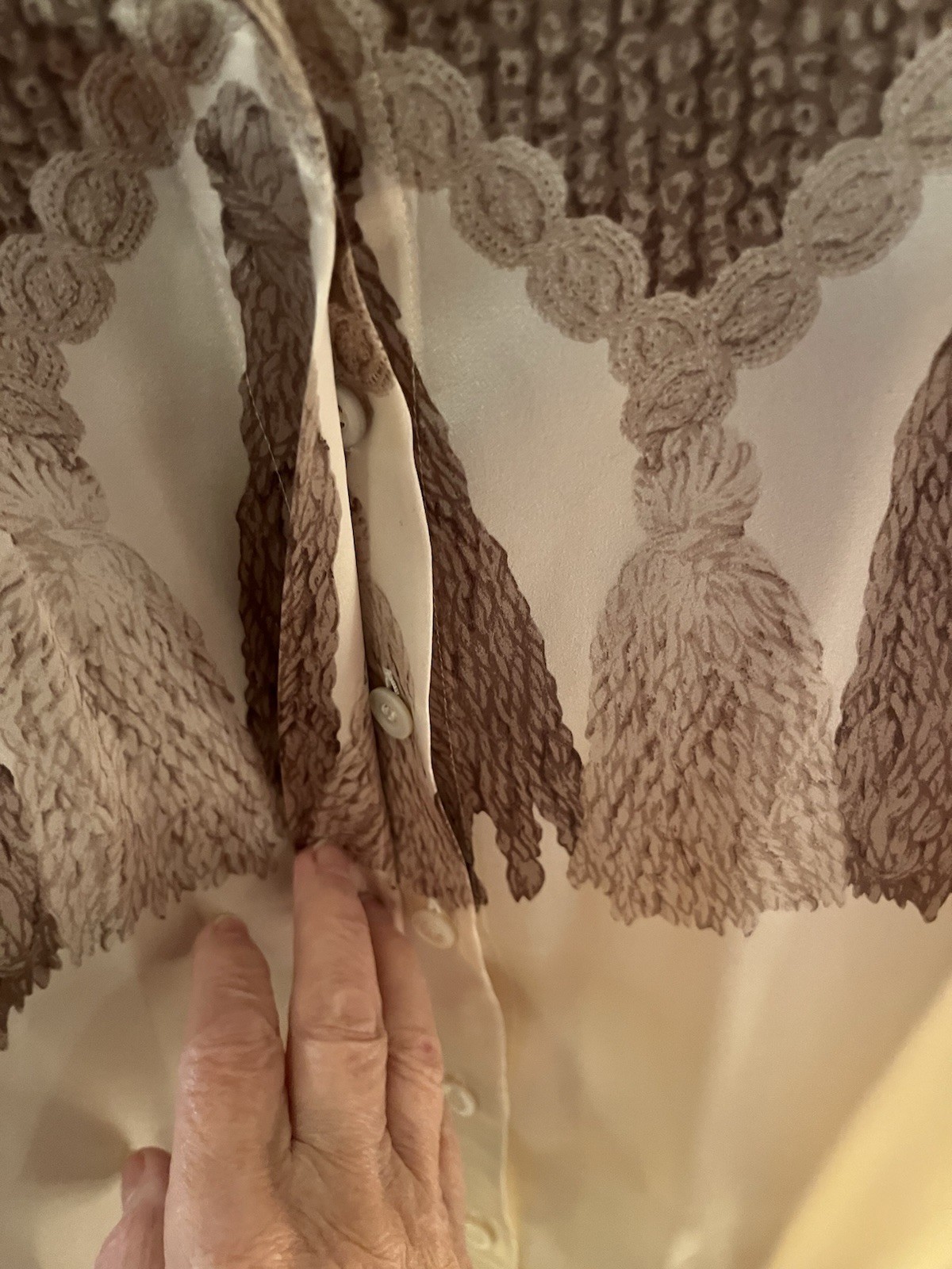 Vintage Escada Cream & Beige Silk Tassel Print Blouse Size 38