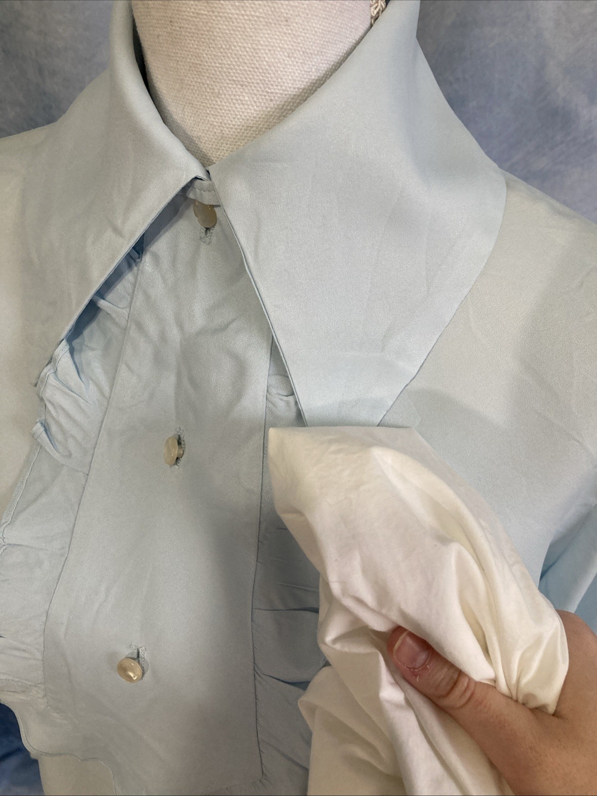 VTG Miss Chris Blue Ruffle Jabot Blouse 70s Secretary Victorian Union Made XS/S