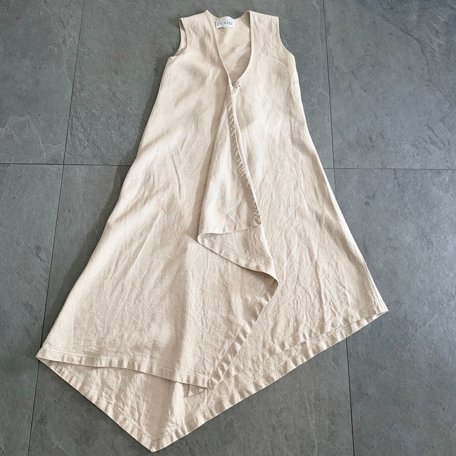 GIANFRANCO FERRE beige asymmetrical flared sleeveless linen dress size 44
