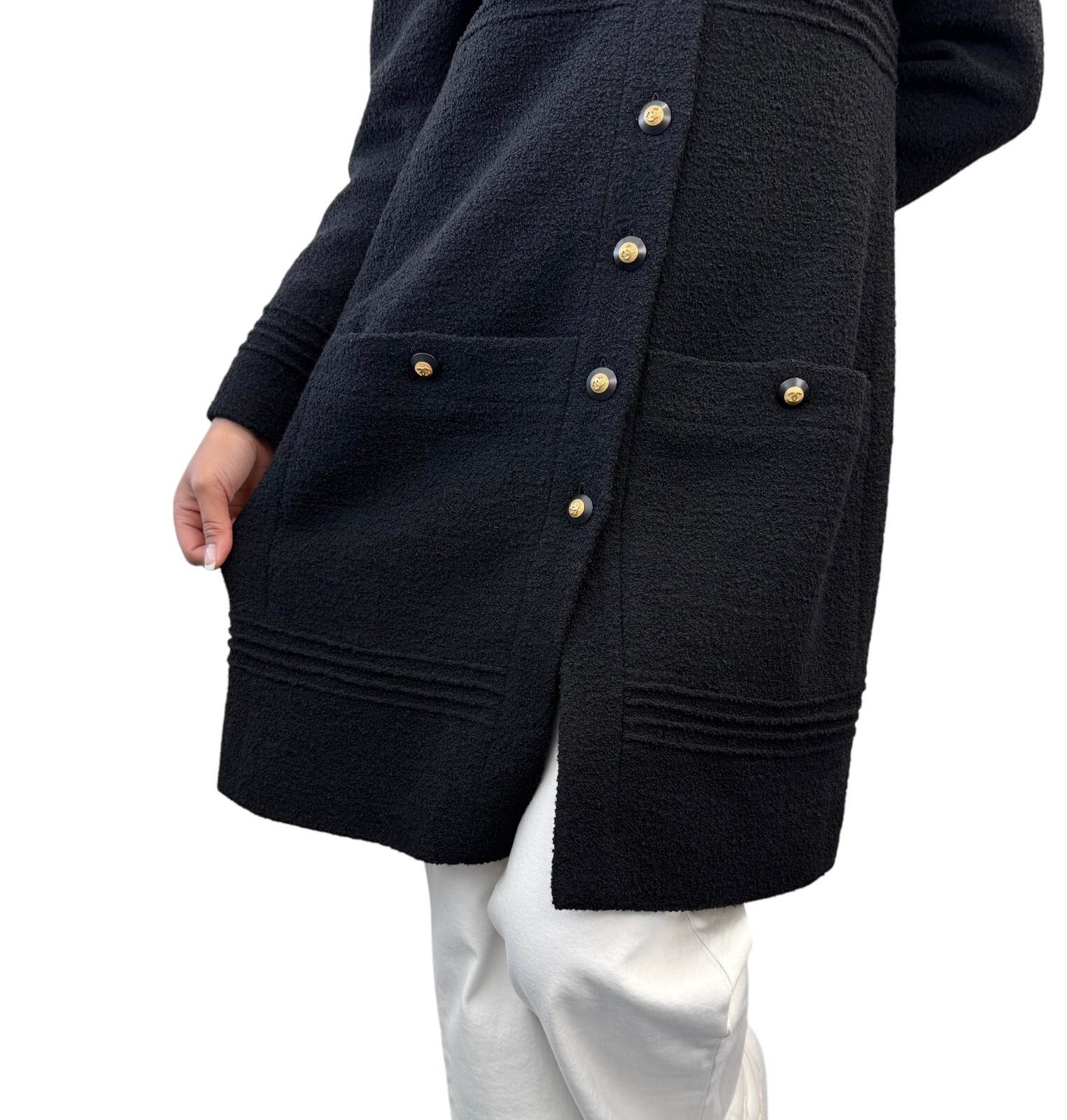 CHANEL Vintage CC Logo Long Tweed Jacket #M Coat Black Gold Wool Silk 105043