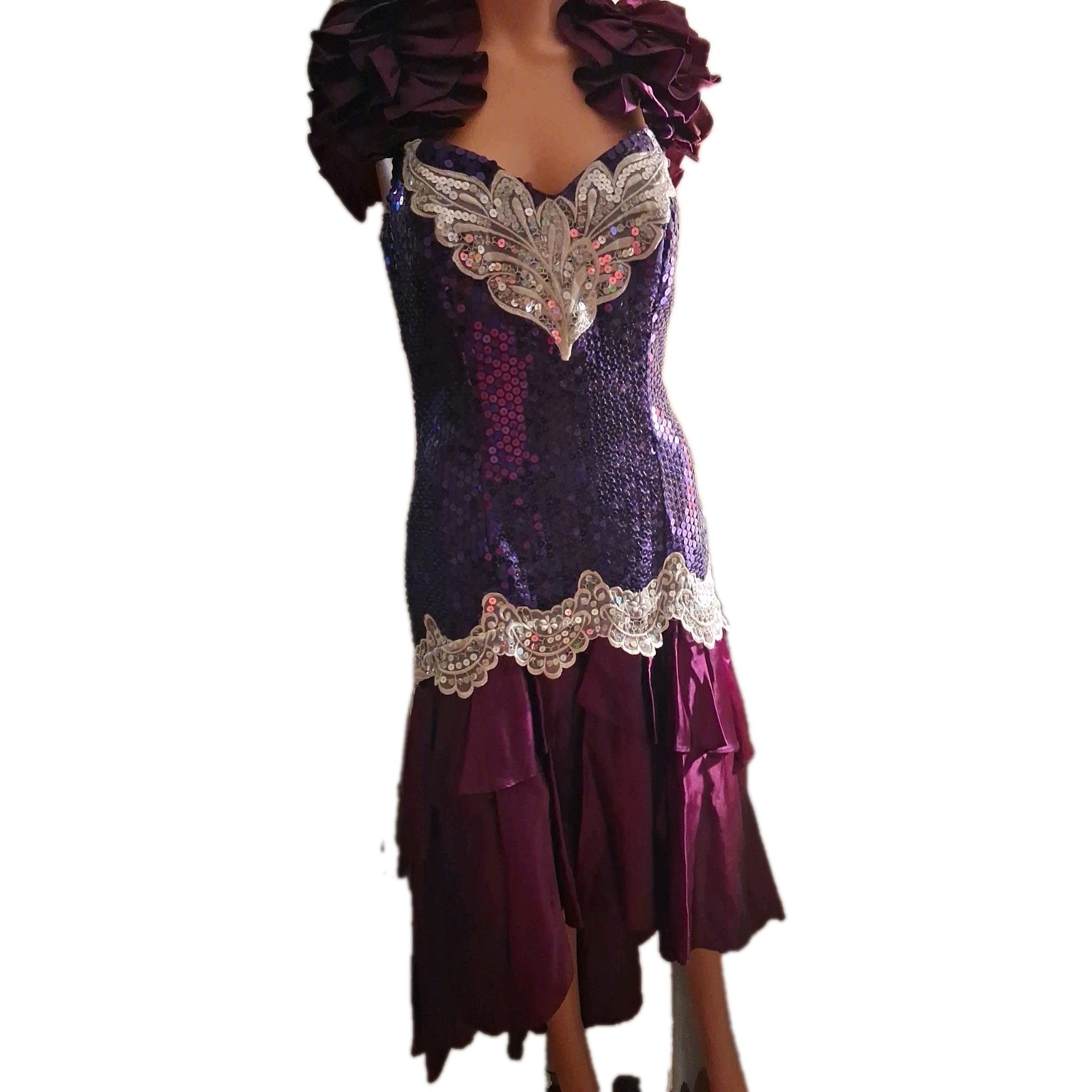 1980s Purple Sequin Ruffle High-Low Hem Party Salsa Dress Flirtations By Angelo