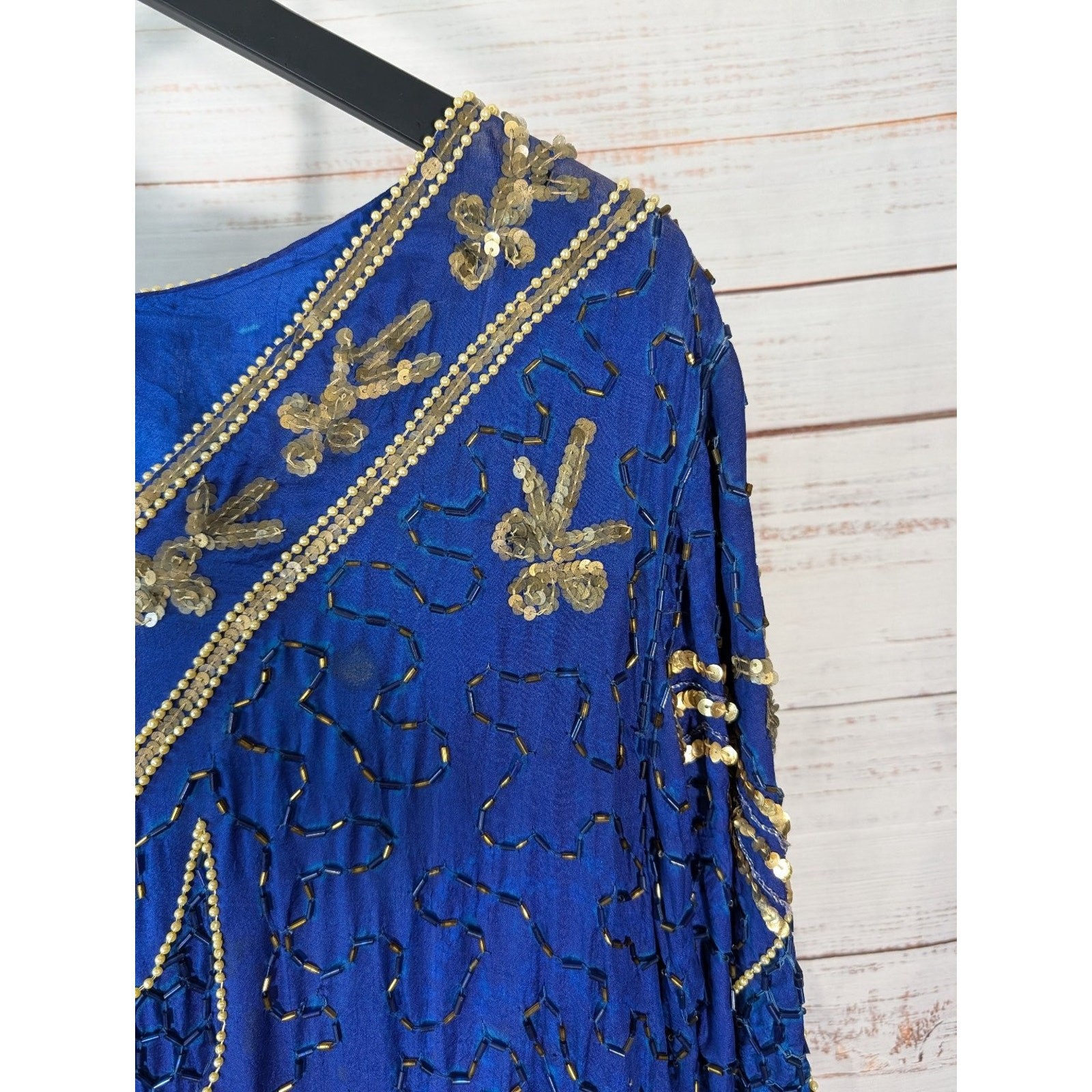 VTG Silk 3Pc Set Beaded Sequin Top Skirt Royal Blue Gold Art Deco Mermaidcore