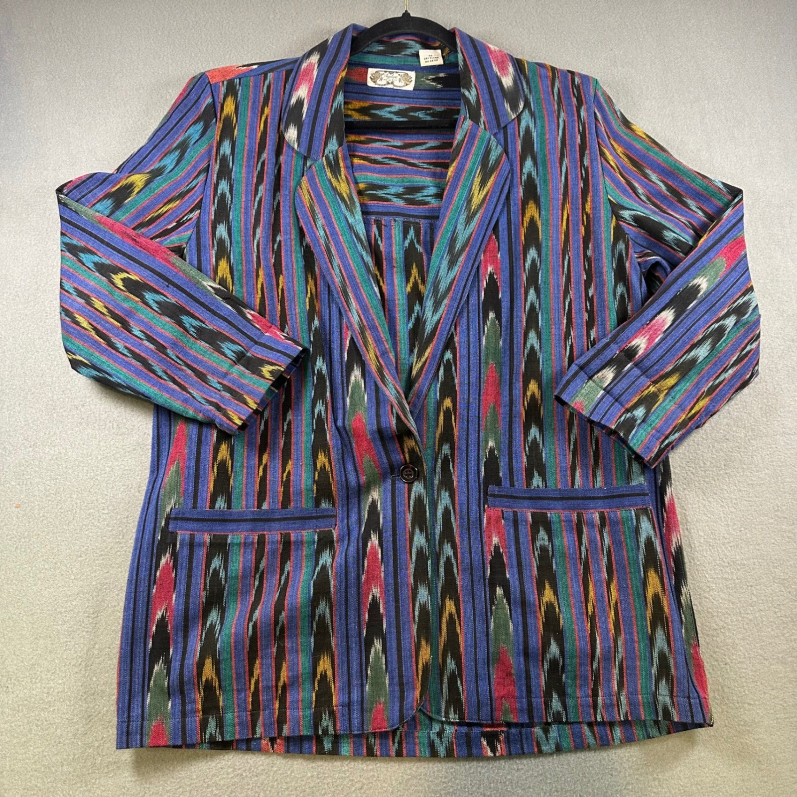 Angelique Vintage Cotton Ikat Blazer Jacket Blue Multi Color Geometric Size M