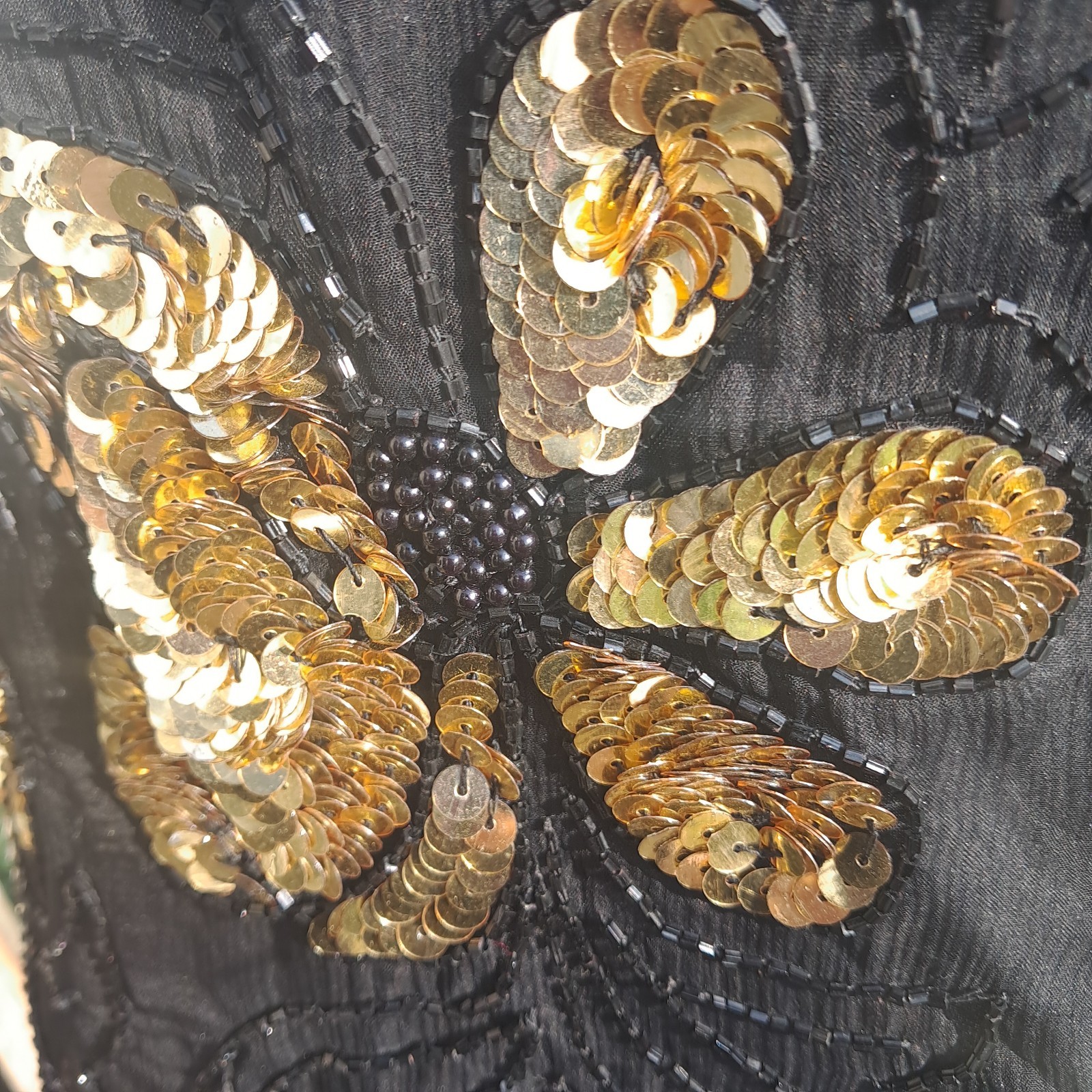 Vintage Stenay Silk Sequin Beaded Top Small Floral Black Gold Regency Goth Event