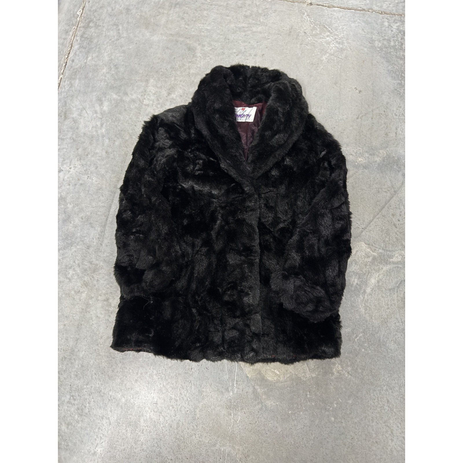 Monterey Fashions Faux Fur Coat Womens L Black Excellent Shawl Collar Vintage