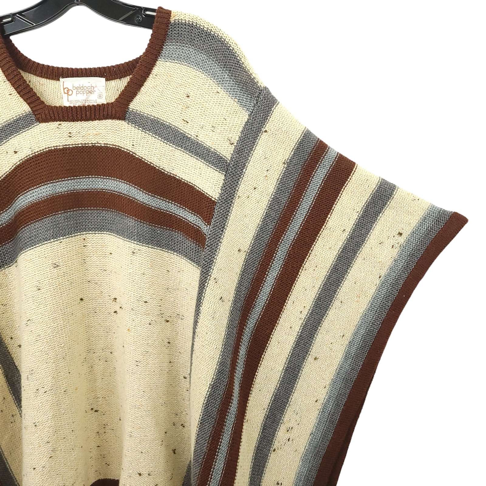 Beldoch Popper Wool Blend Poncho S Shawl Cape Striped Beige Blue Gray Vintage
