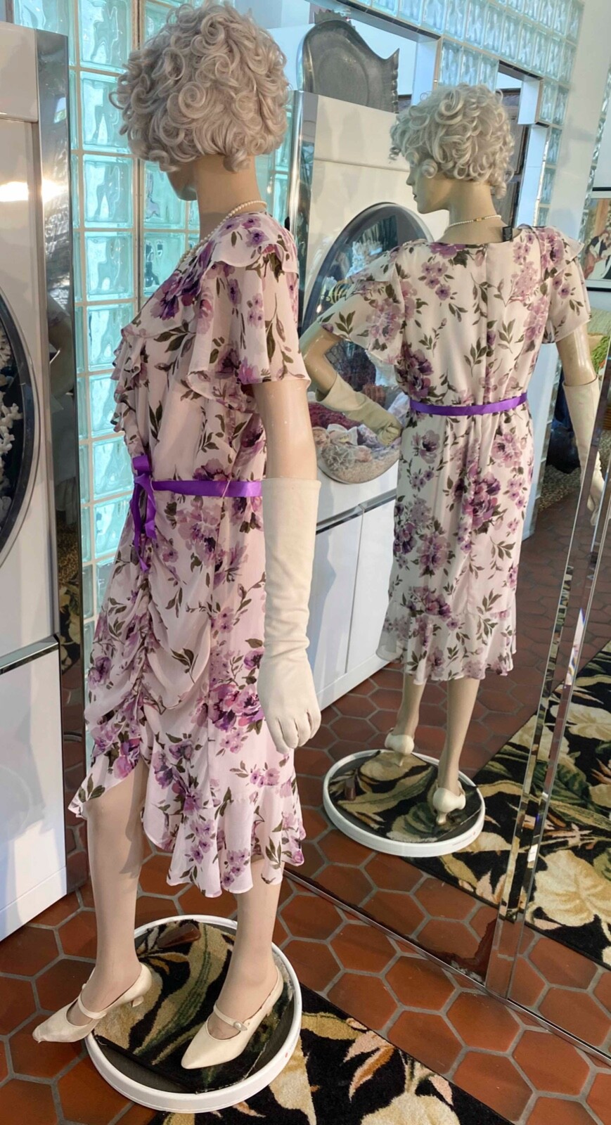 VTG Multicolor Floral Flapper Gatsby ribbon belt Dress 14P R & M Richard