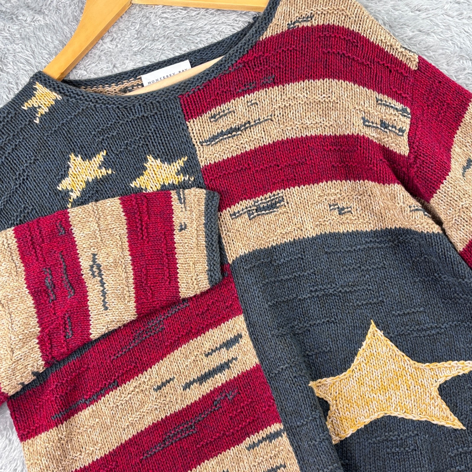 Vtg Monterey Bay S American Flag Stars Stripes Knit Pullover Sweater cotton mix
