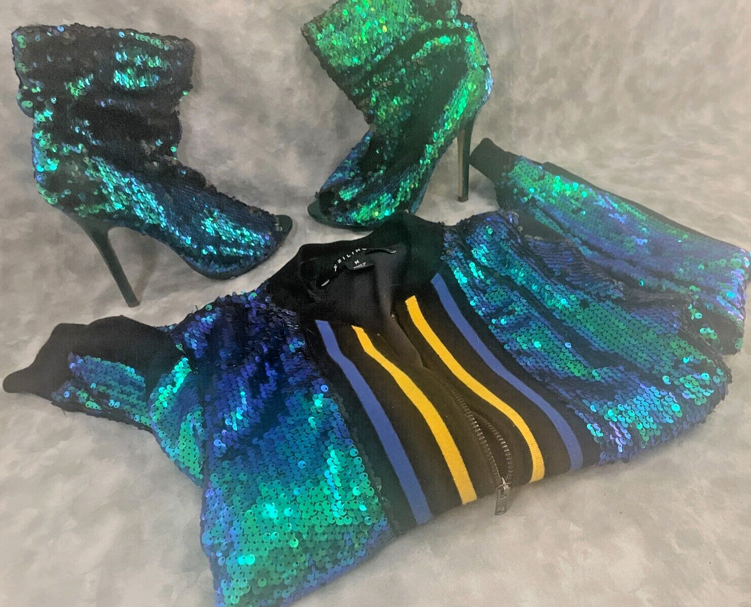 2010s Vtg Mermaid Sequin Bomber Jacket & Boots « RARE SET » Blue Green Glam ✨🔥