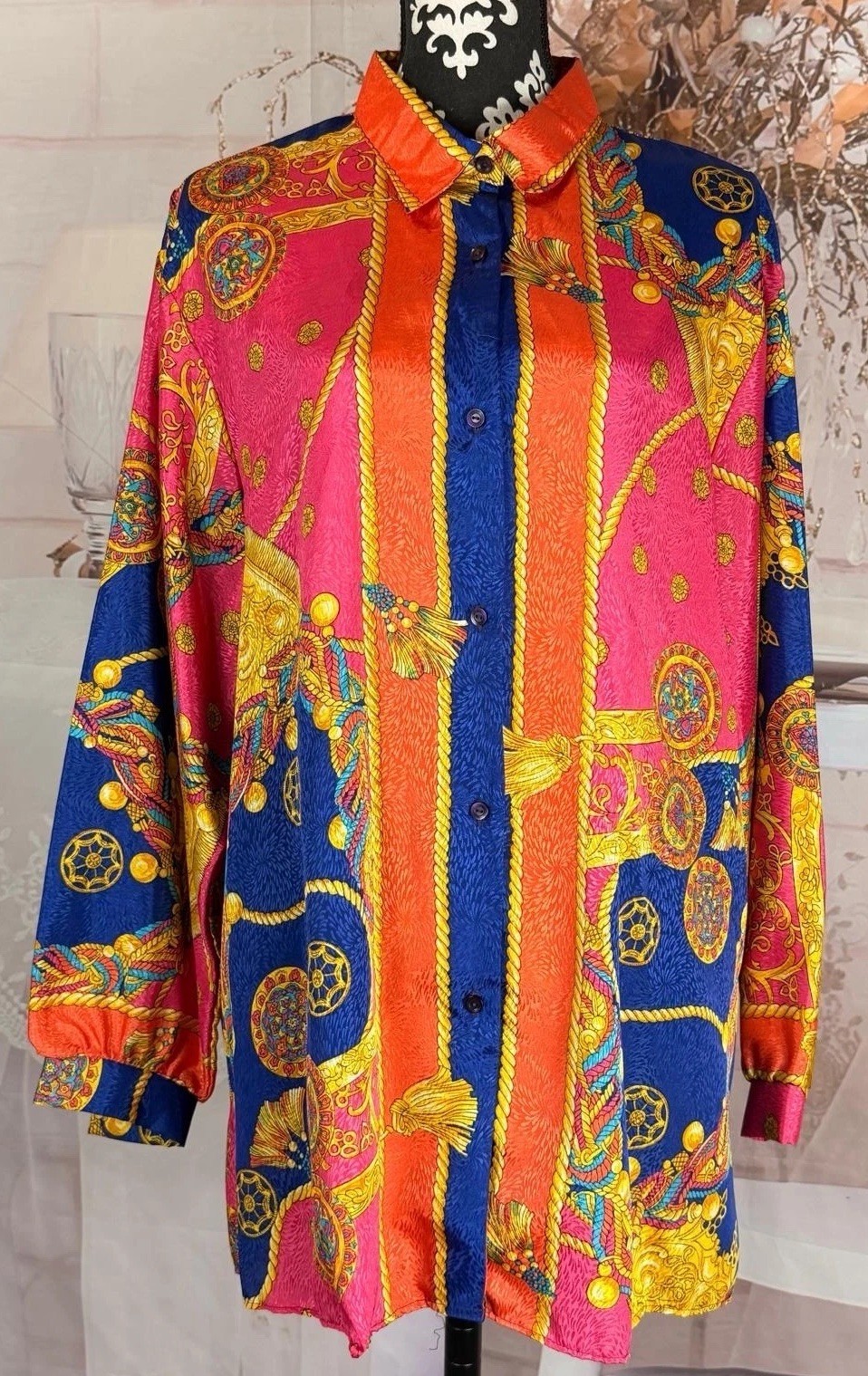 VTG 90s Gloria Vanderbilt Women’s Multicolored Satin Abstract Print LS Shirt 3XL