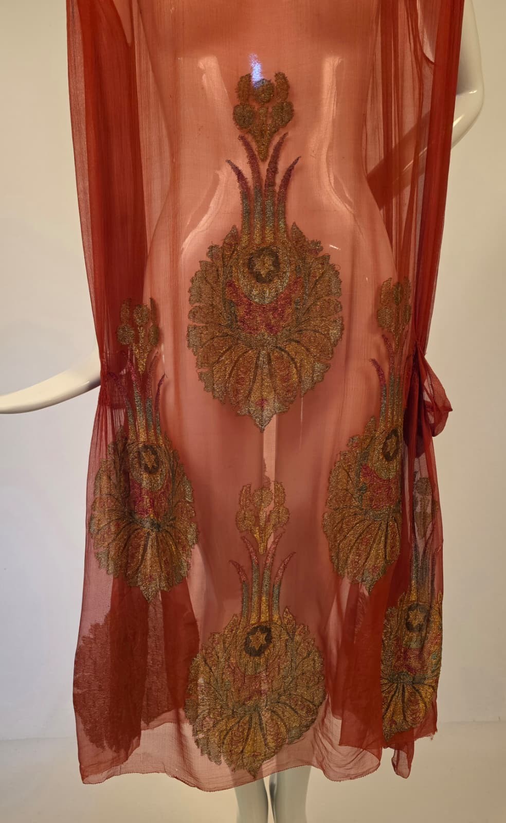 FLAPPER 1920’S RUST RED SHEER SILK CHIFFON DRESS W STAR GOLD LAME BROCADE DETAIL