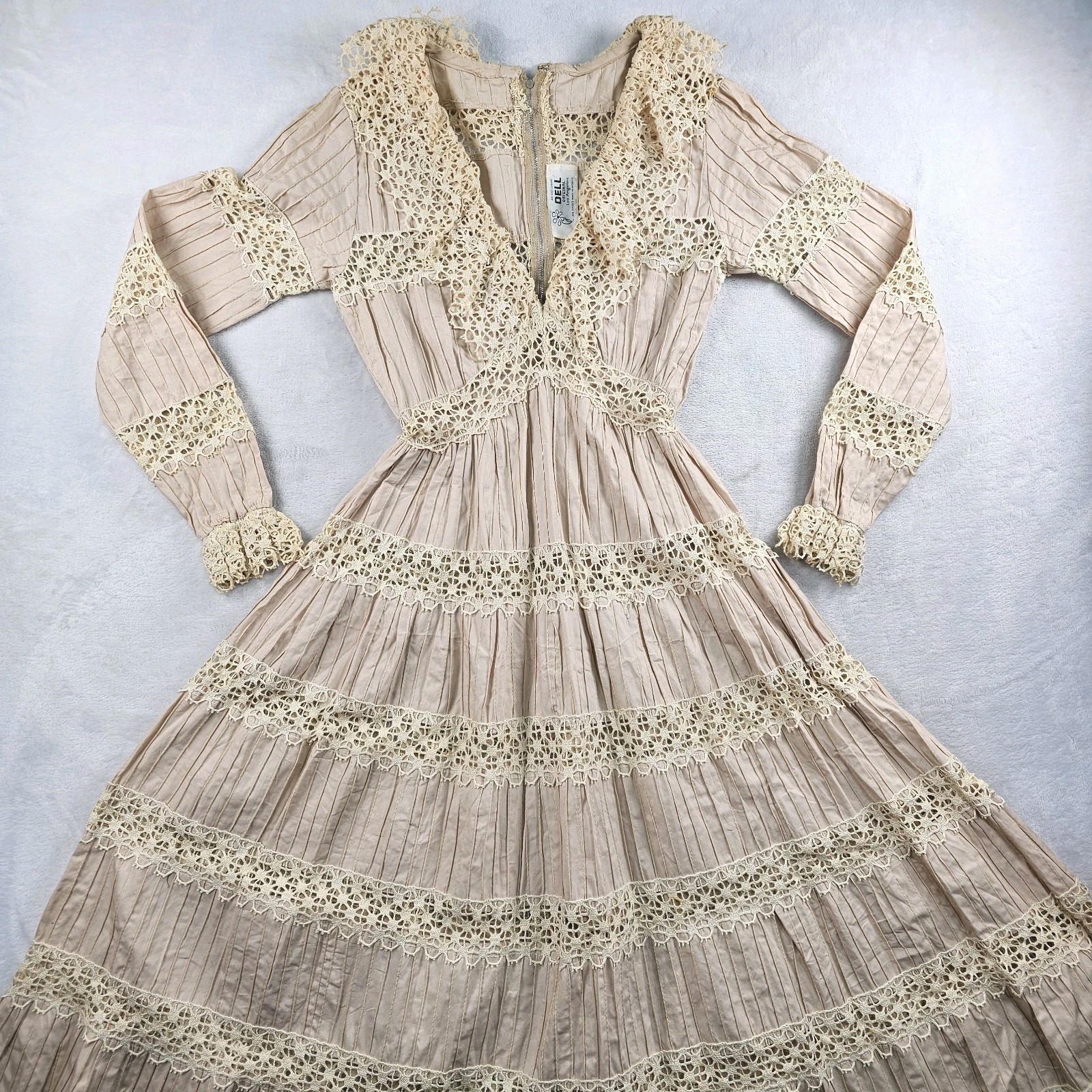 Vtg 50&rsquo;s 70&rsquo;s Dell Tiered Pin Tuck Lace Mexican Dress Womens 6 Cottagecore