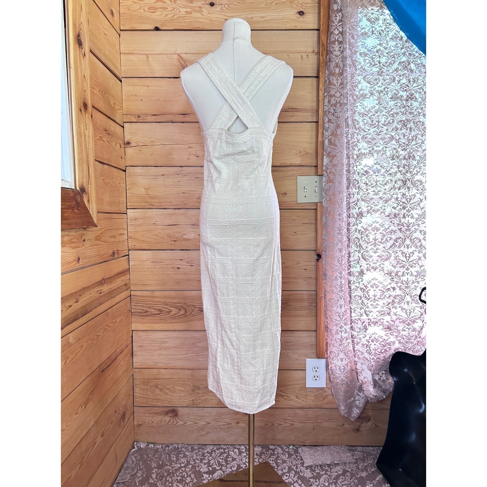Vintage 100% Cotton Knit Maxi Dress Women Large Cream Crochet La Llama Canada