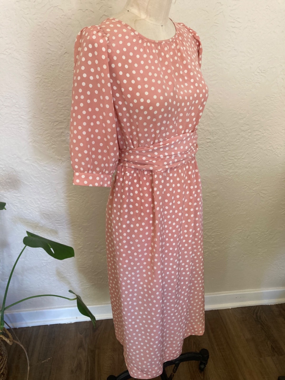 🇫🇷Vtg Yves Saint Laurent Polka Dot Pink Dress Puff Blouson Sleeve France Sz.36