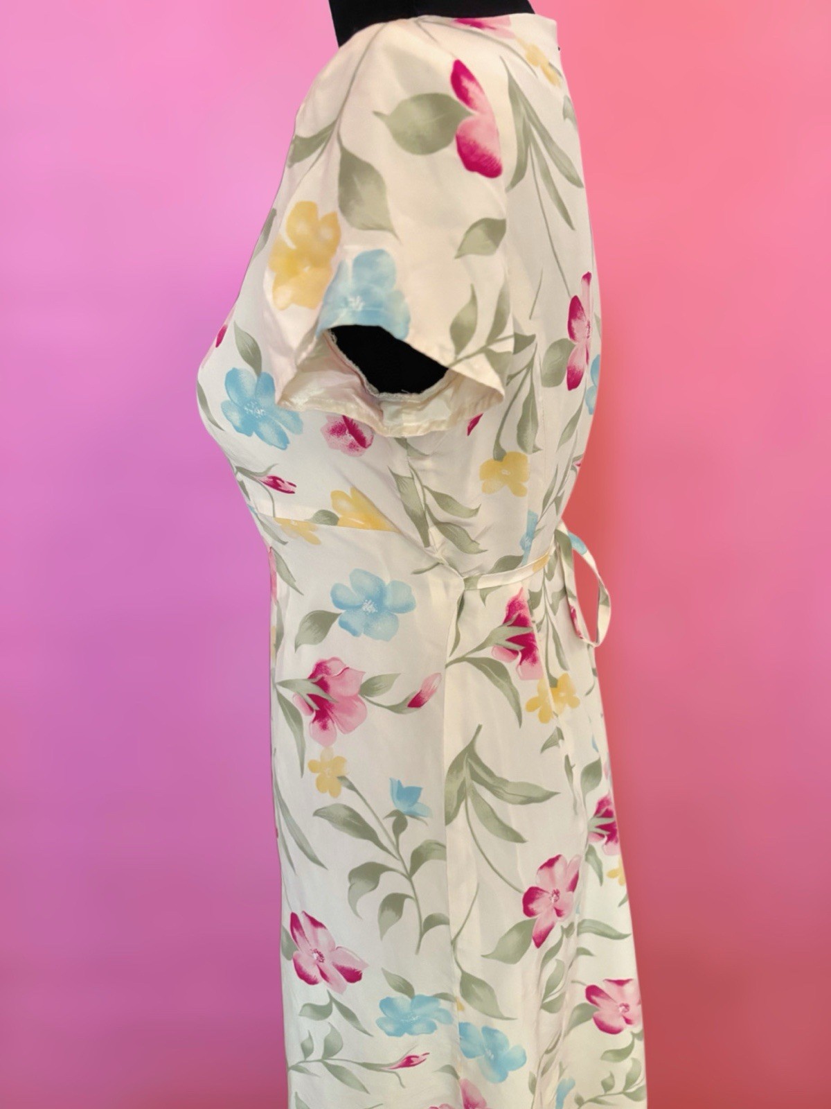 Vintage 80s 90s Patrick Petite 100% Silk Butter Yellow Pink Floral Maxi Dress 6P