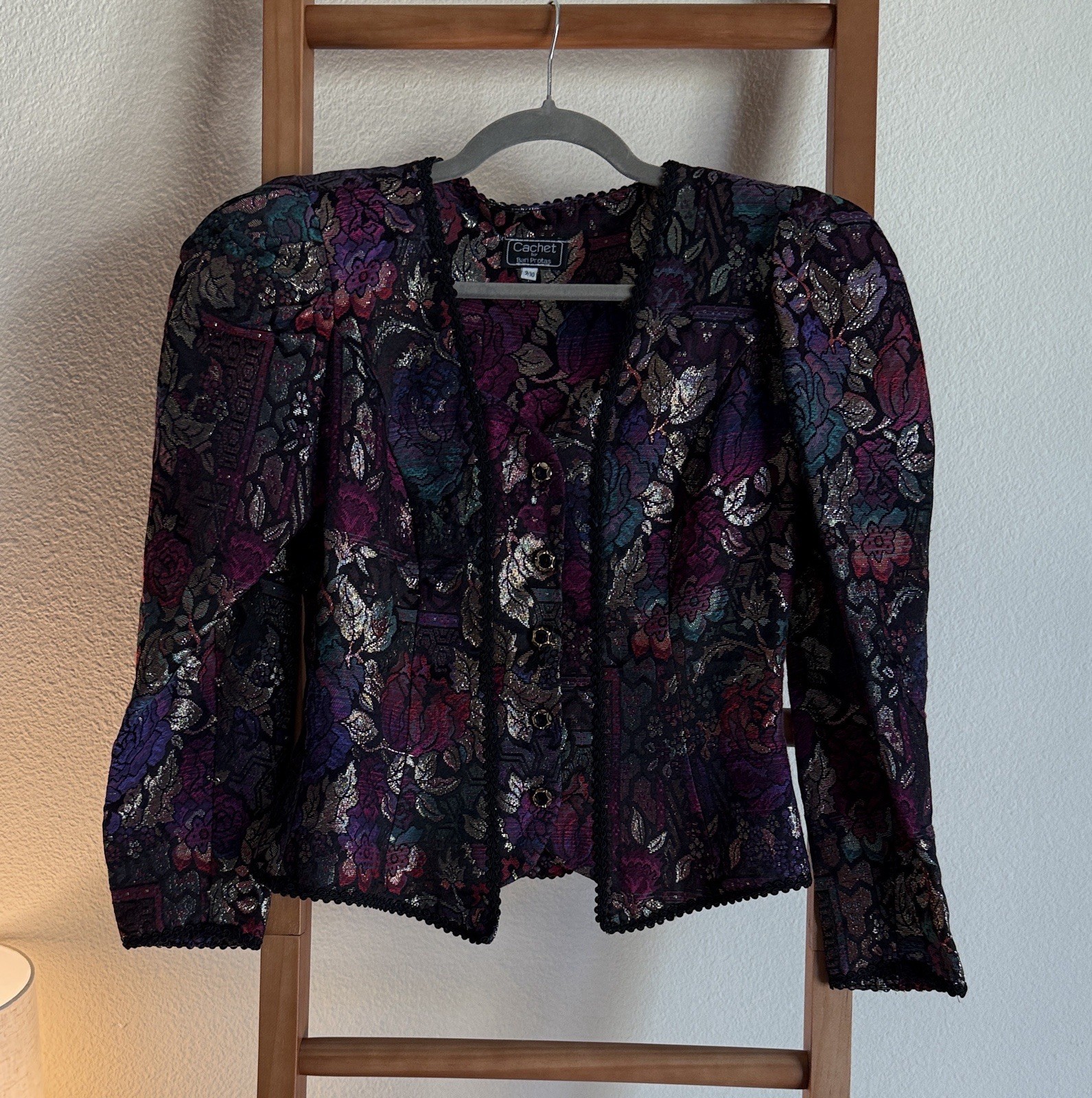 Vintage cachet metallic floral multicolored puff sleeve button front jacket MED