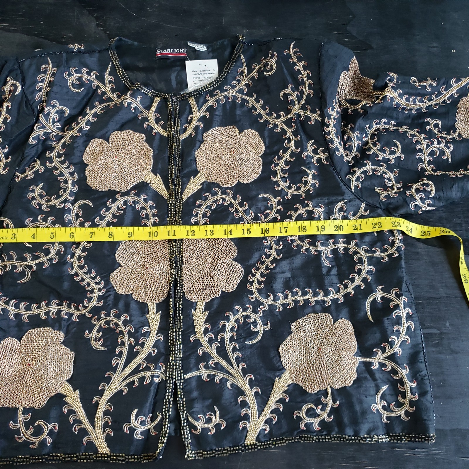Vintage Starlight Evening Jacket XXL Black Silk Gold Beading Embroidery Handmade