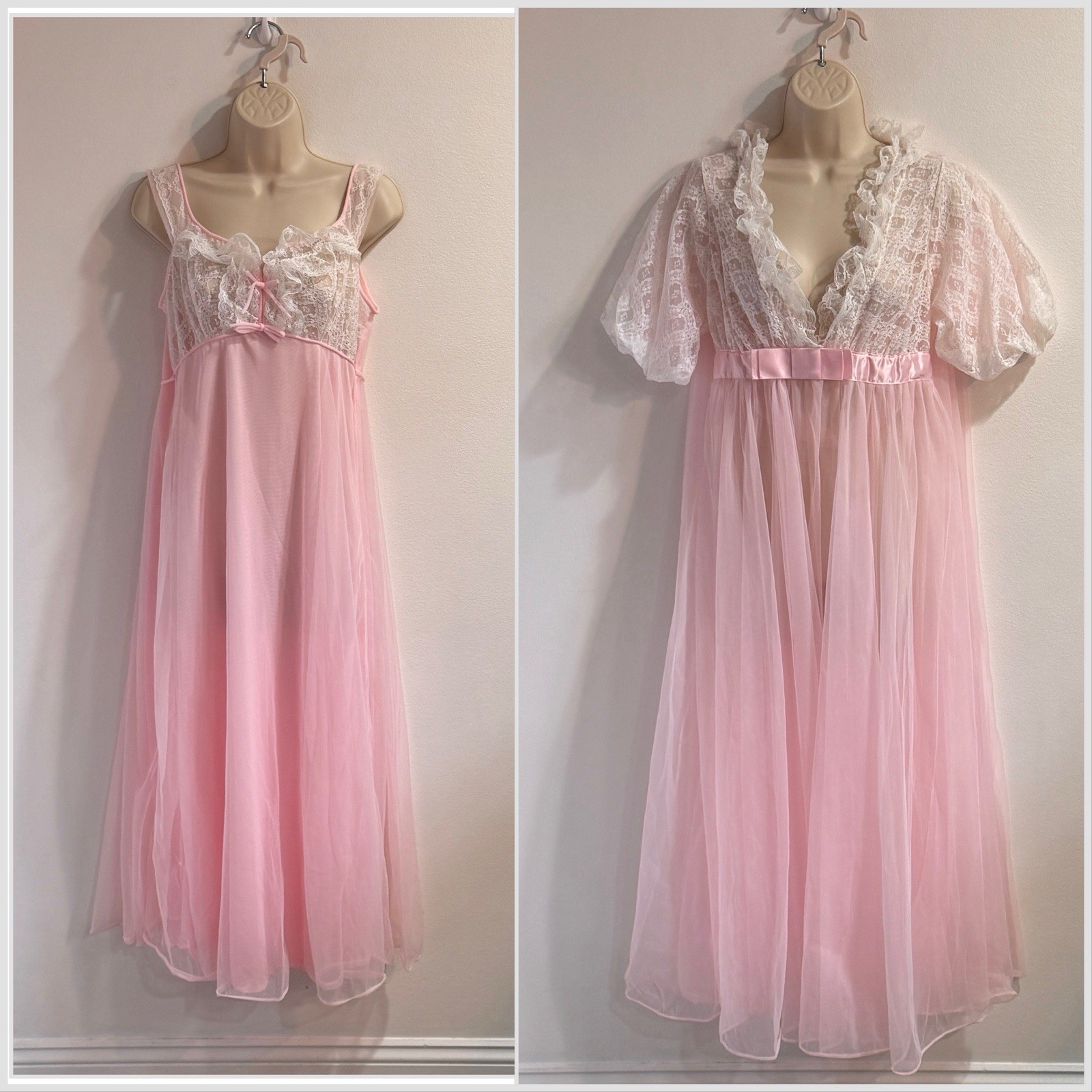 Vtg 50s 60s Nightgown Robe Set M Slip Chiffon Lace Satin Peignor Pink Lingerie
