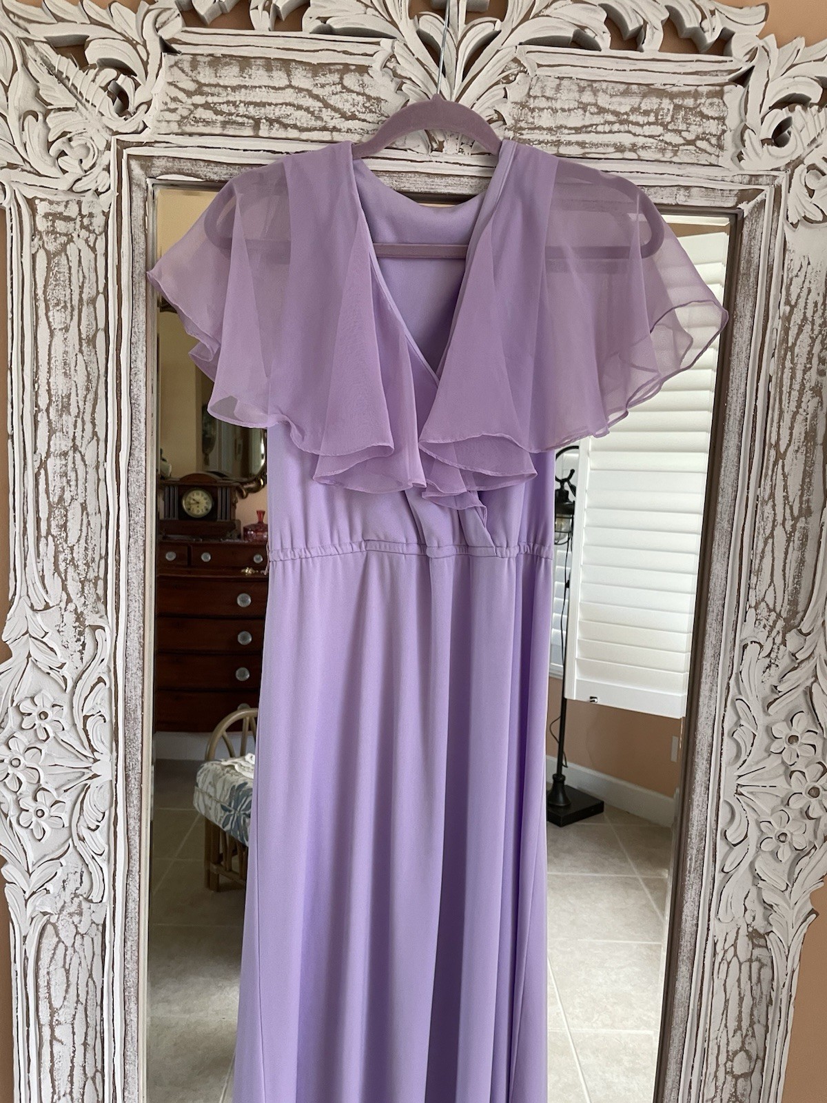 Vintage 70s Sheer Poly Lavender Sleeveless Flutter Cape Maxi Dress S/M