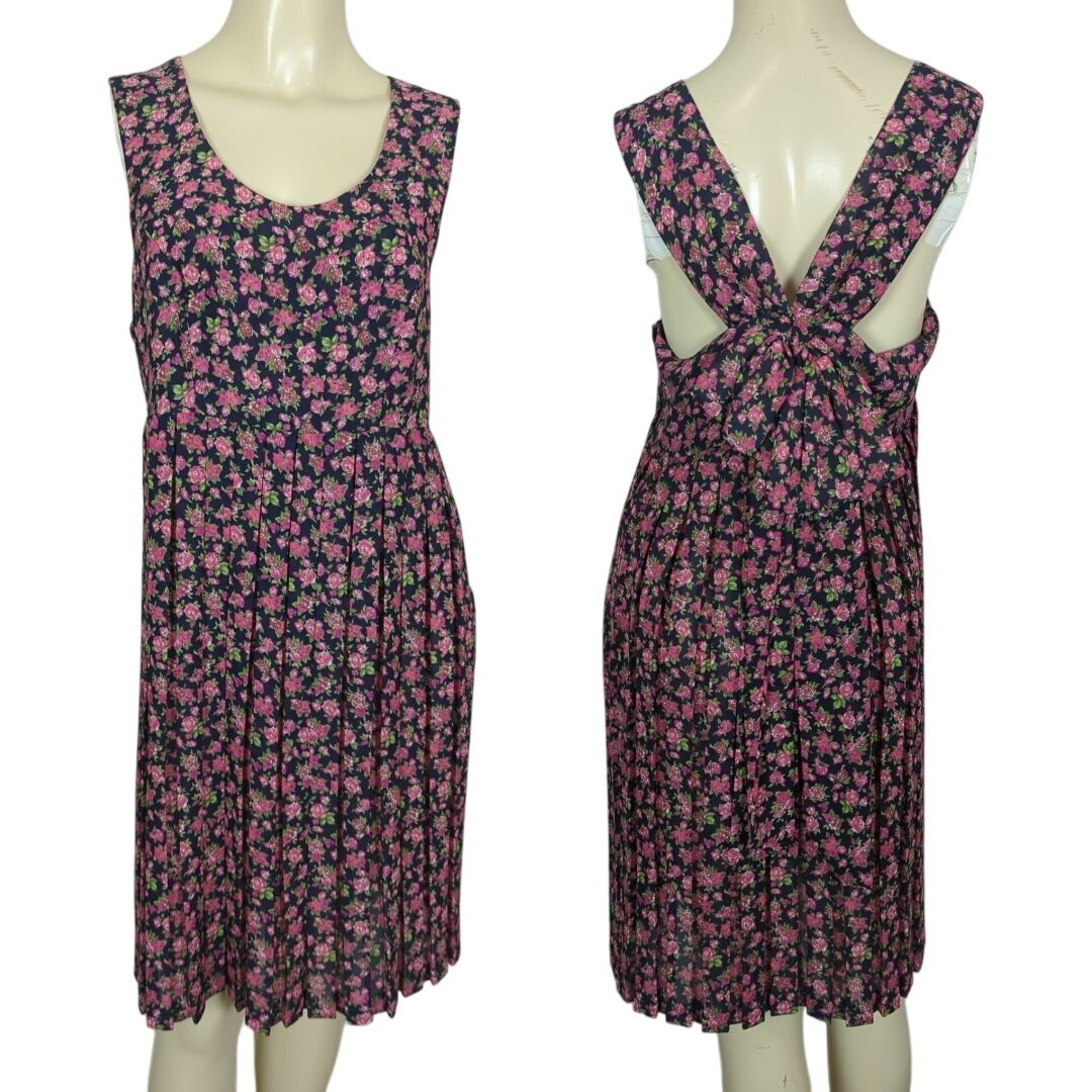 Vintage Jody California Floral Print Sleeveless Dress Open Back and Bow size 9