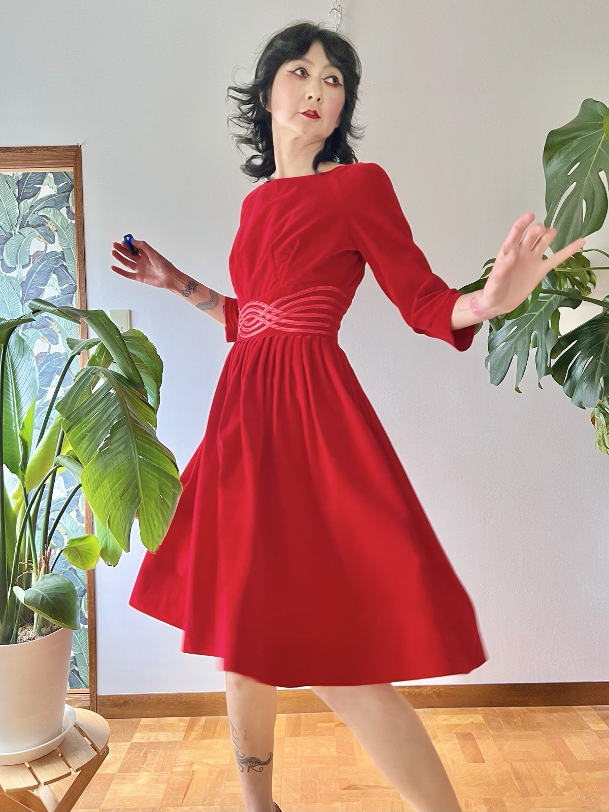 VTG 50s Carol Brent Red Velveteen Cocktail Dress XS/S Rockabilly