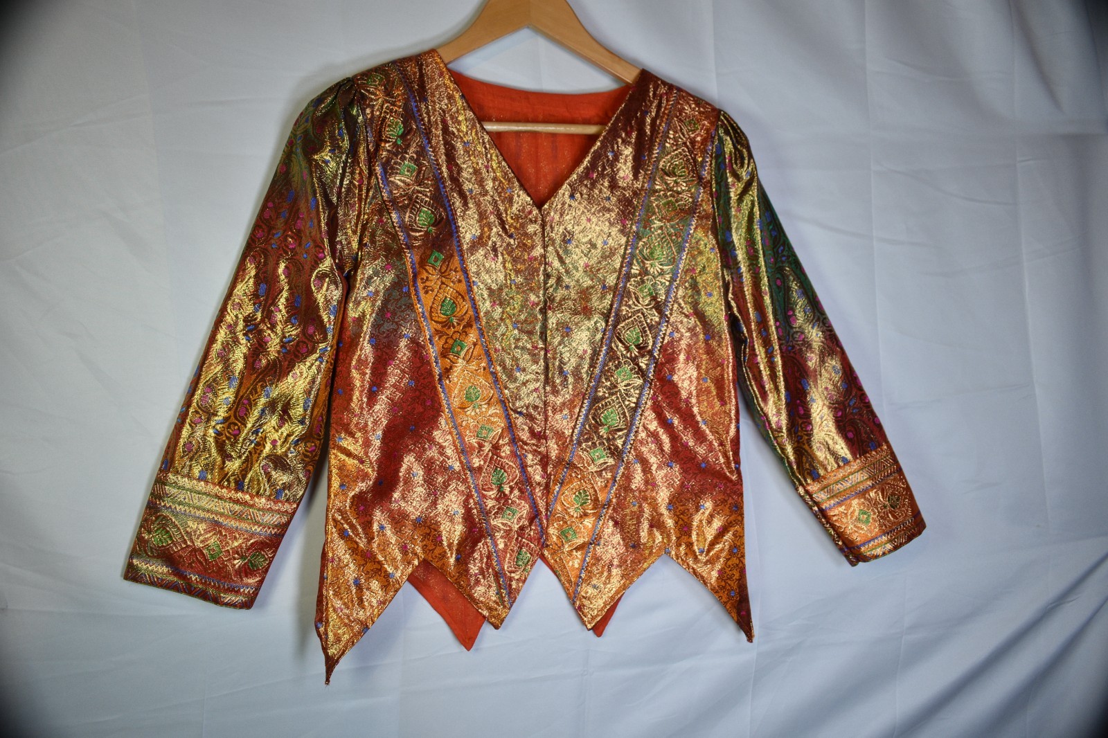 Vintage Indian Brocade Skirt & Jacket Set Gold Copper Silk Look Festival Wear