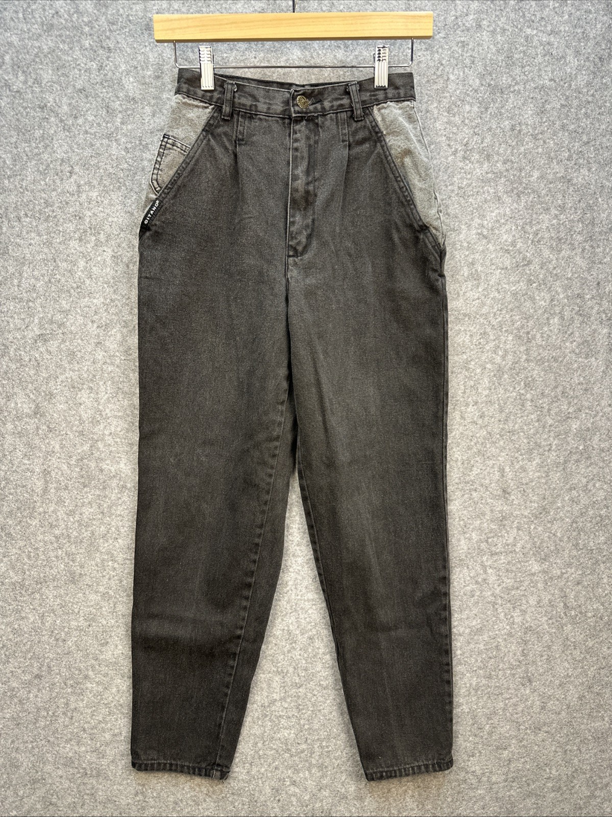 RARE VTG Gitano High Waist 2 Tone Black Gray Denim Jeans Sz 8 Pleated Taper 80&rsquo;s