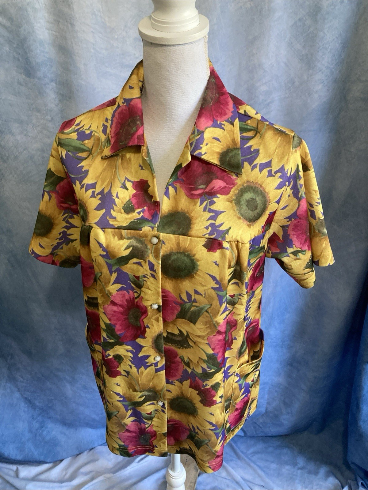 Vtg 80s Sunflower Floral House Shirt Smock Pockets Friends of the Heart M/L READ