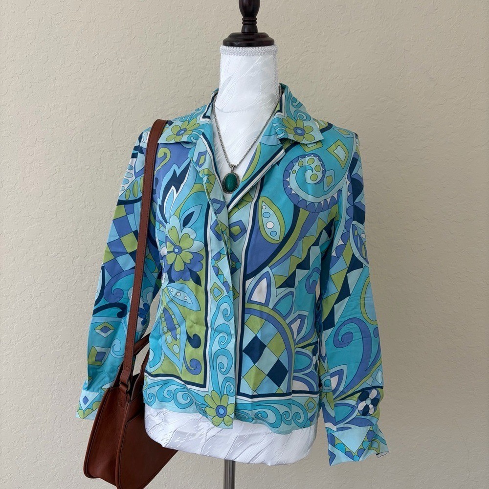 Petite Sophisticate 100% Silk Blouse Psychedelic Print Vintage Petite Size 4