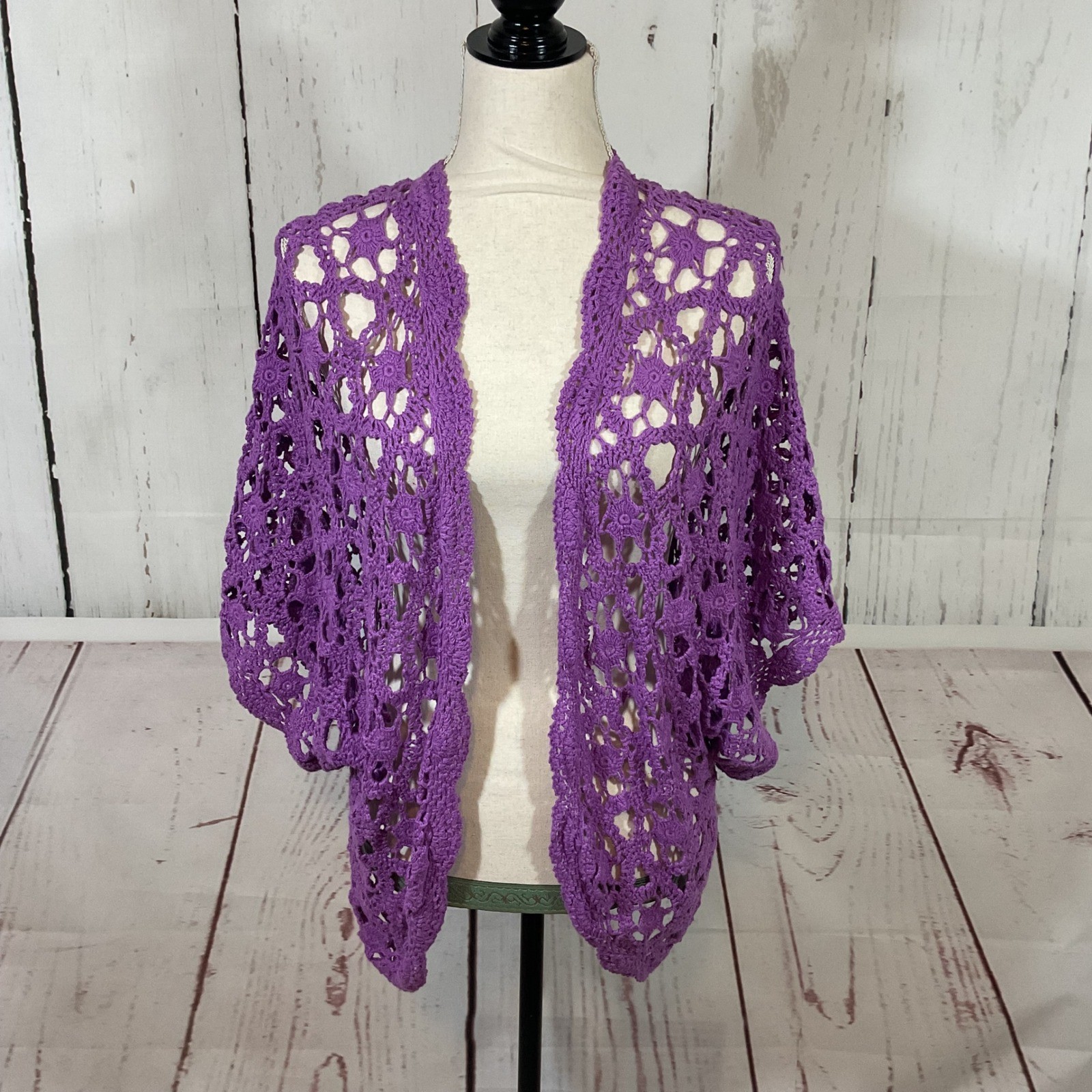 Jessica London Vtg Open Crochet Knit Cardigan 14 16 Purple Boho Fairy Cottage