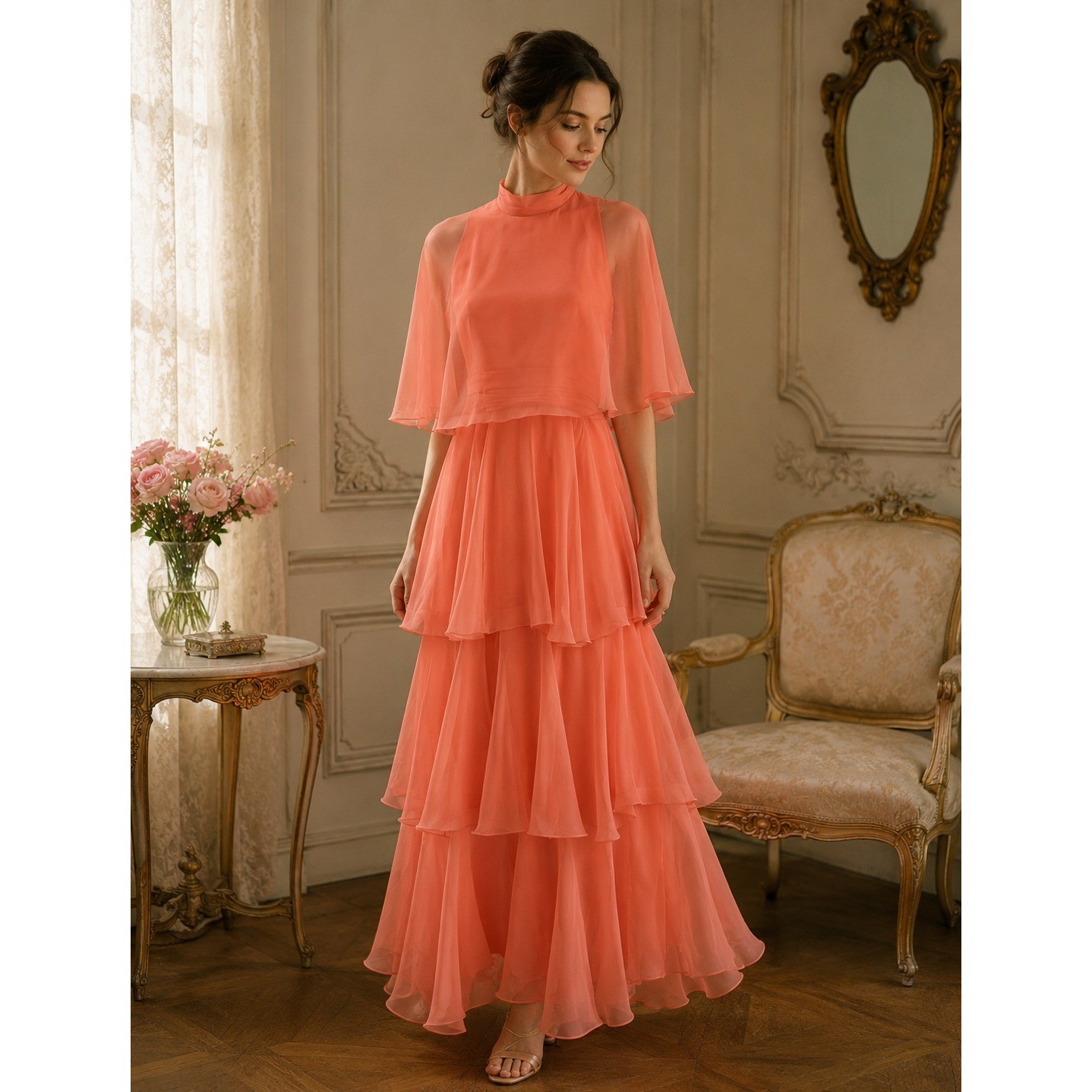 Vintage Miss Elliott Dress Coral Chiffon Tiered Capelet 70s Retro Romantic Gown
