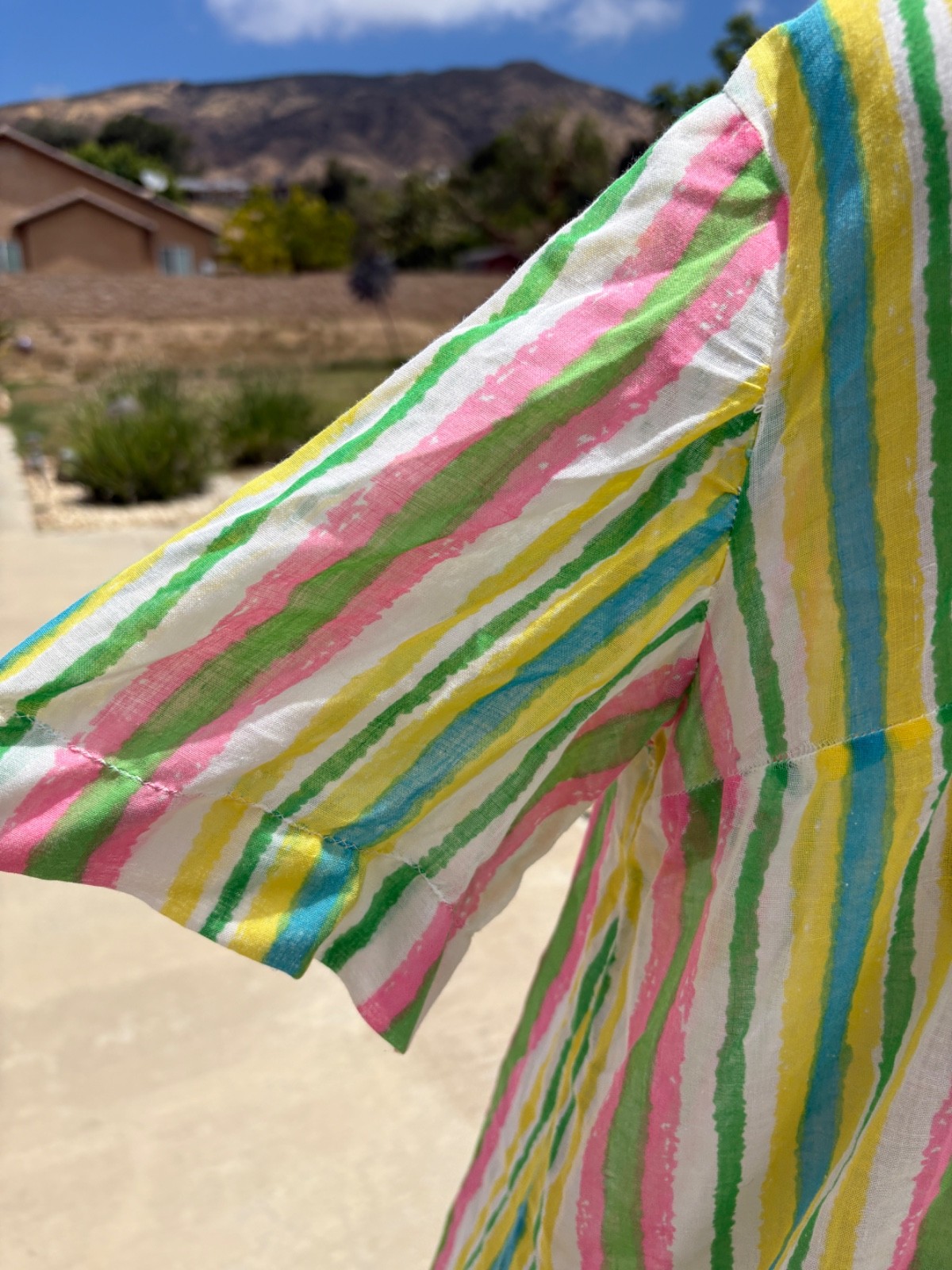 Vintage 60s Handmade Circus Rainbow stripe Parachute Dress Sheer L Needs TLC