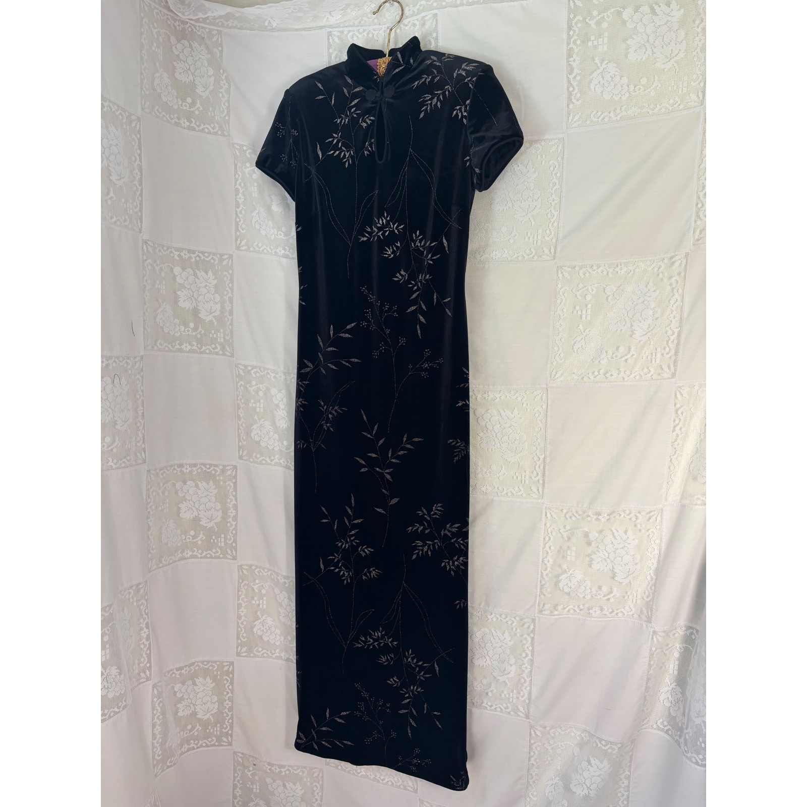 VTG Black Velvet Metallic Threaded Floral Maxi Cheongsam Dress Size S-M