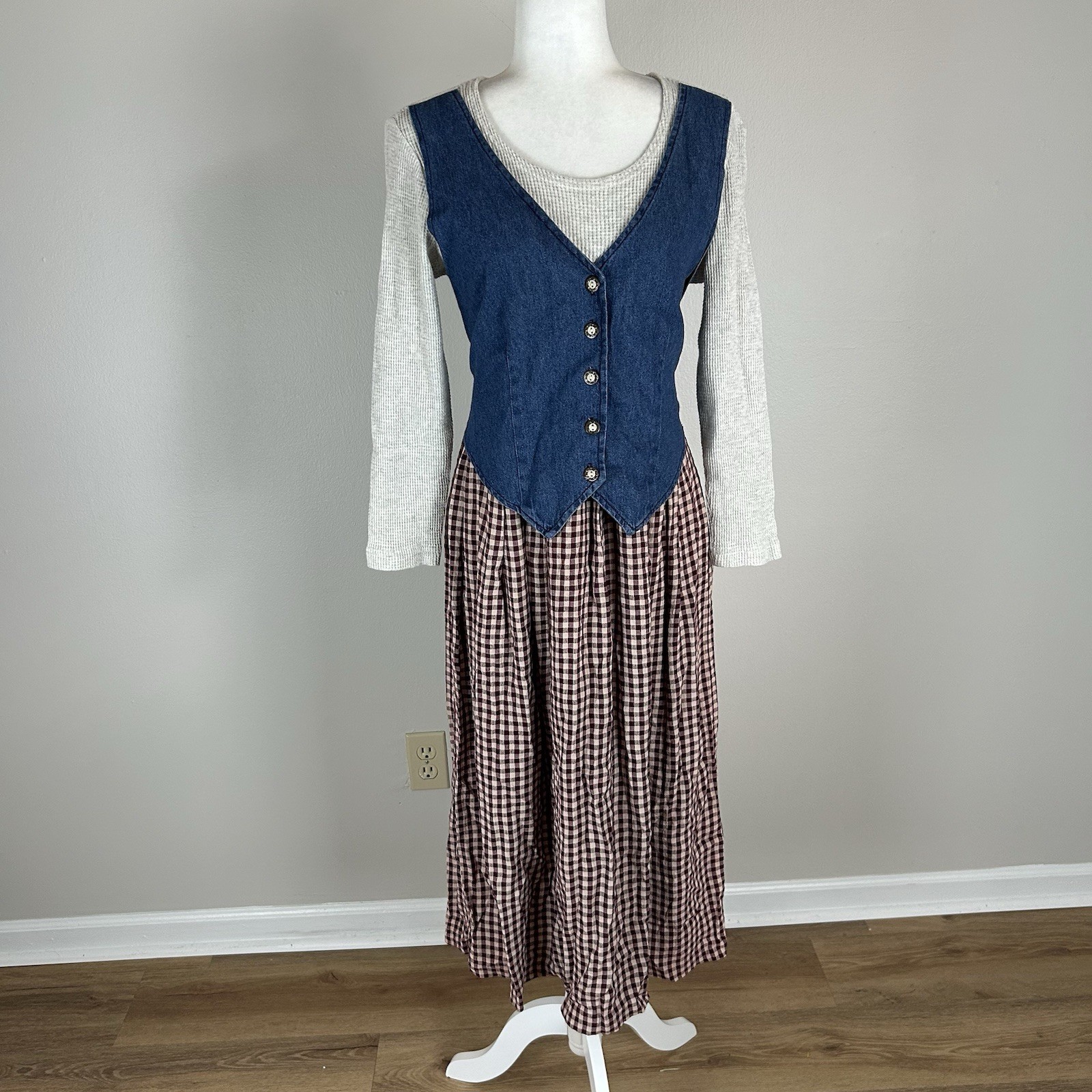 Vintage 80s M Prairie Cottagecore Colonial Plaid Dress Peasant Midi Jumper Jean