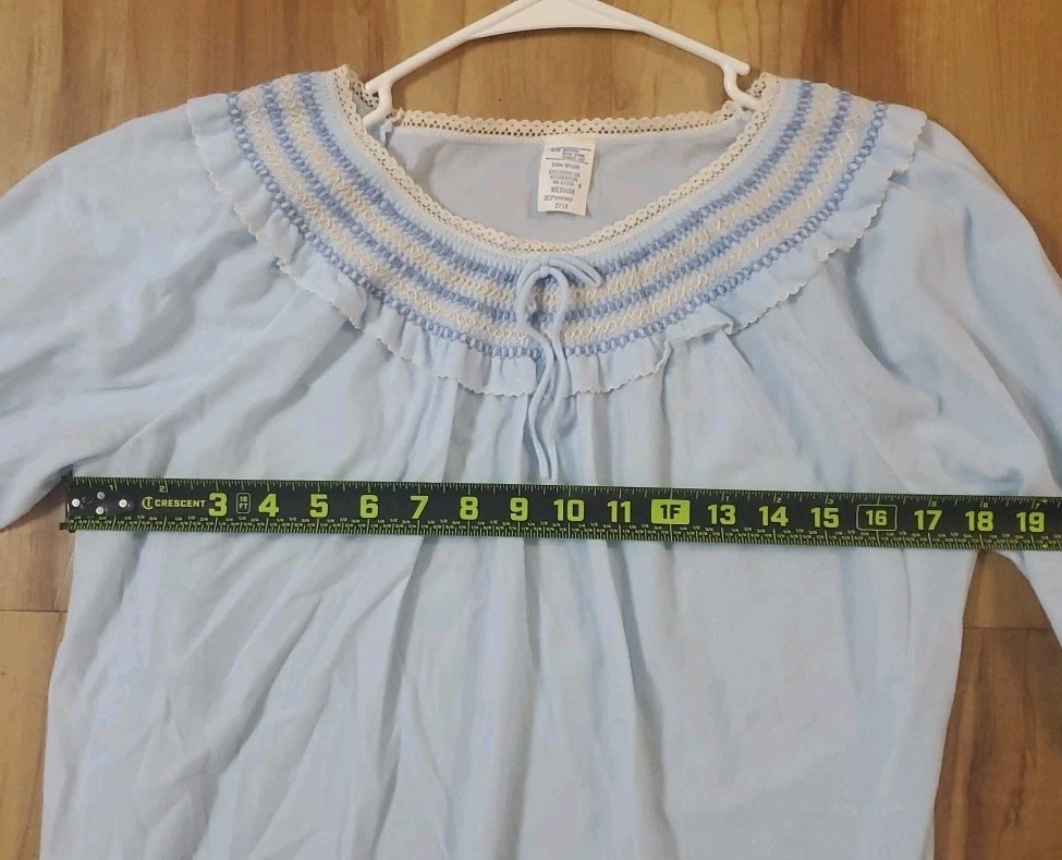 VTG JCPenney Solid Blue Nightgown M Striped Ruffle Collar Maxi New Old Stock