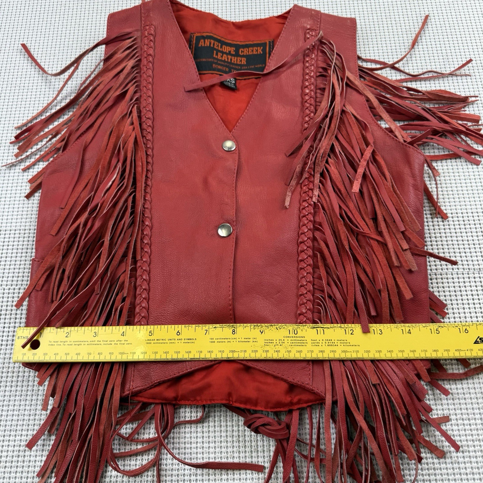 Vintage Antelope Creek Women’s 2XS Red Leather Fringed Vest, Lined, Pockets GUC