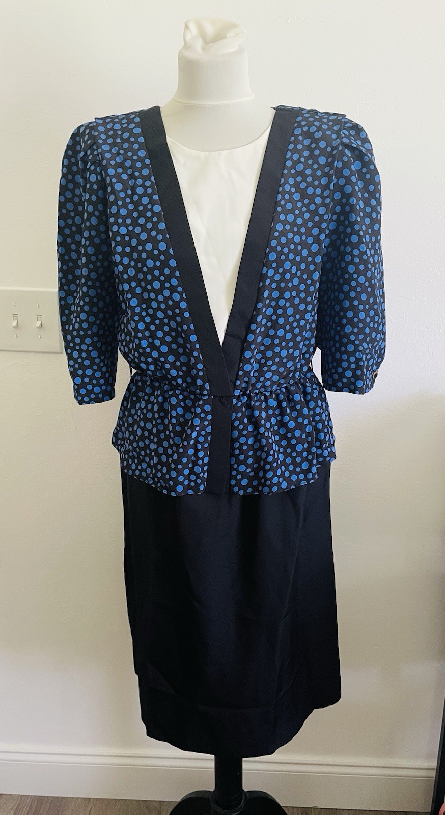 Breli Originals Vintage Women Dress 12 Black Blue Polka Dot 80s Union Made